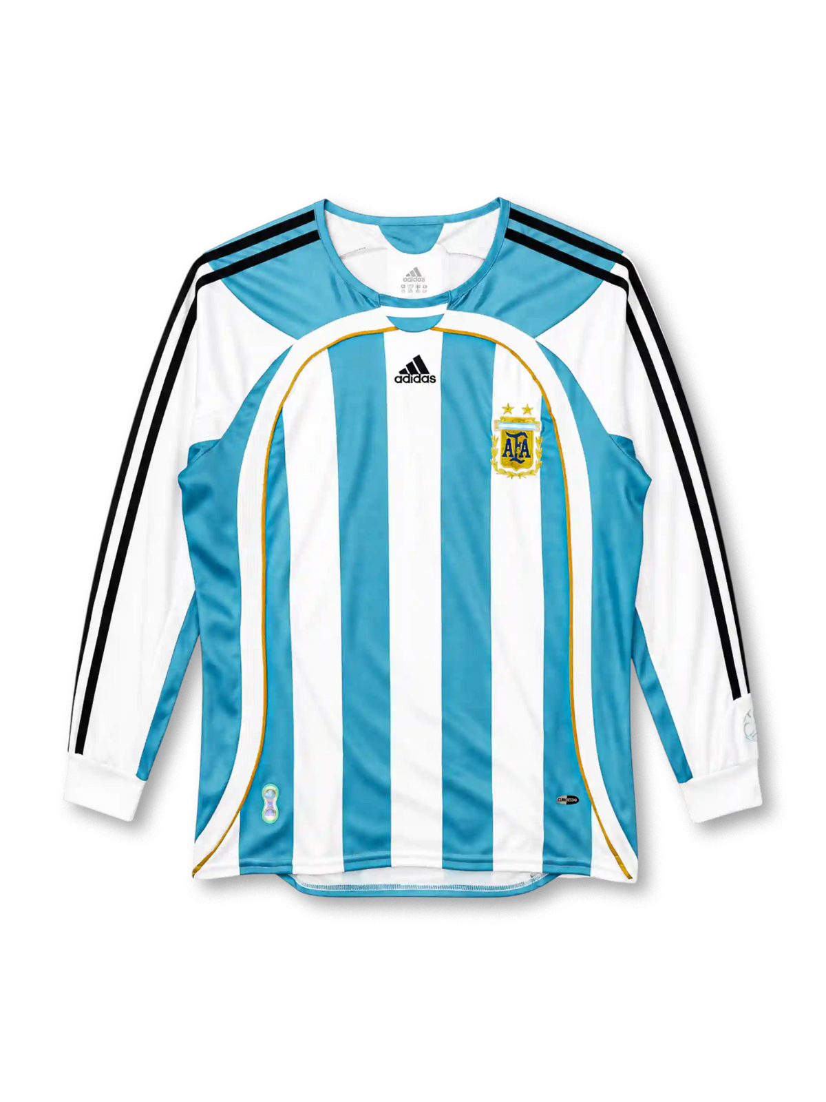 Argentina 2006 sky blue and white striped long-sleeve home jersey with gold piping, black adidas stripes and AFA crest