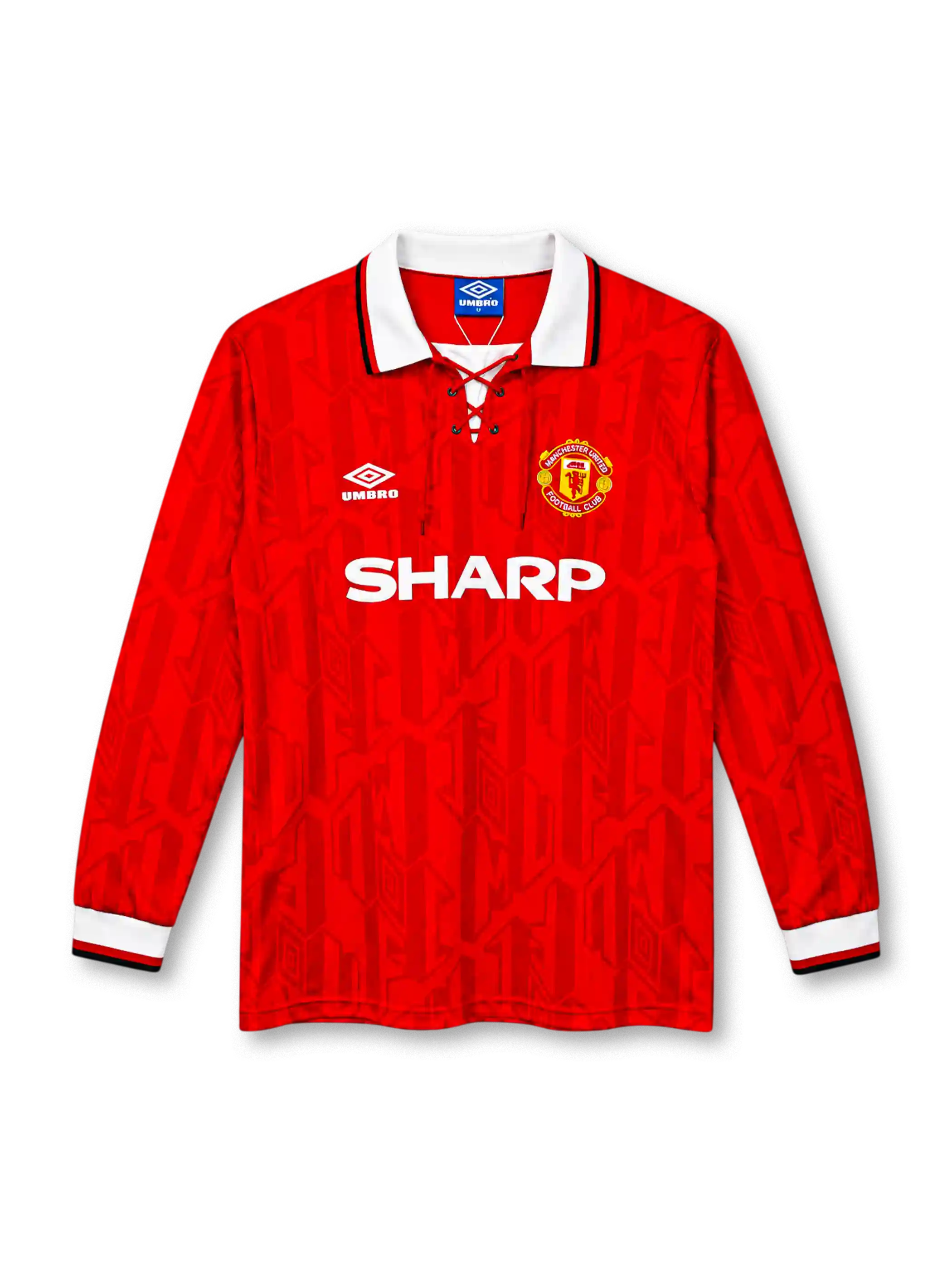 Manchester United 1992/94 red long-sleeve home jersey with lace-up white collar, Umbro logo and Sharp sponsor