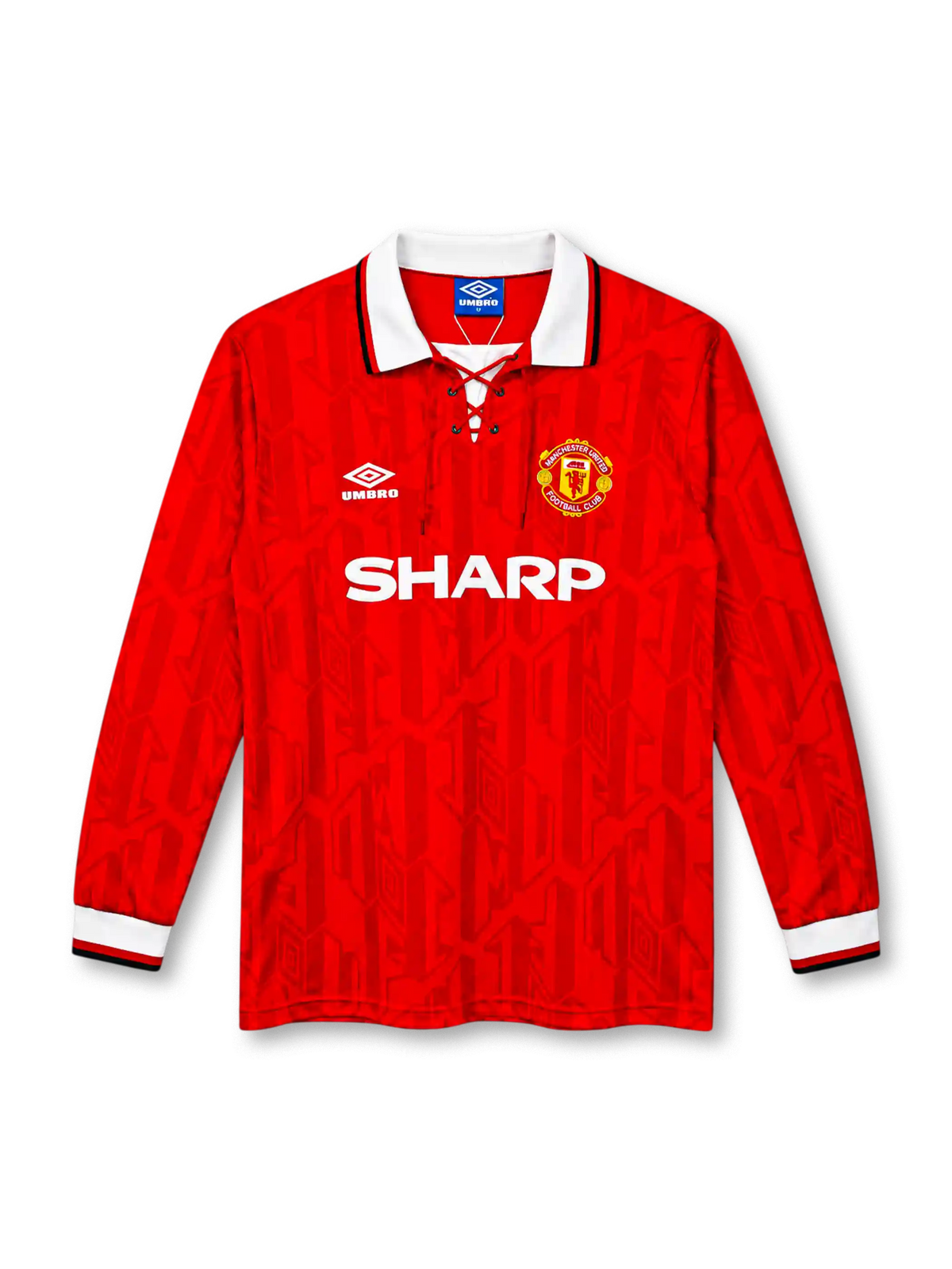 Manchester United 1992/94 red long-sleeve home jersey with lace-up white collar, Umbro logo and Sharp sponsor