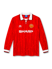 Manchester United 1992/94 red long-sleeve home jersey with lace-up white collar, Umbro logo and Sharp sponsor