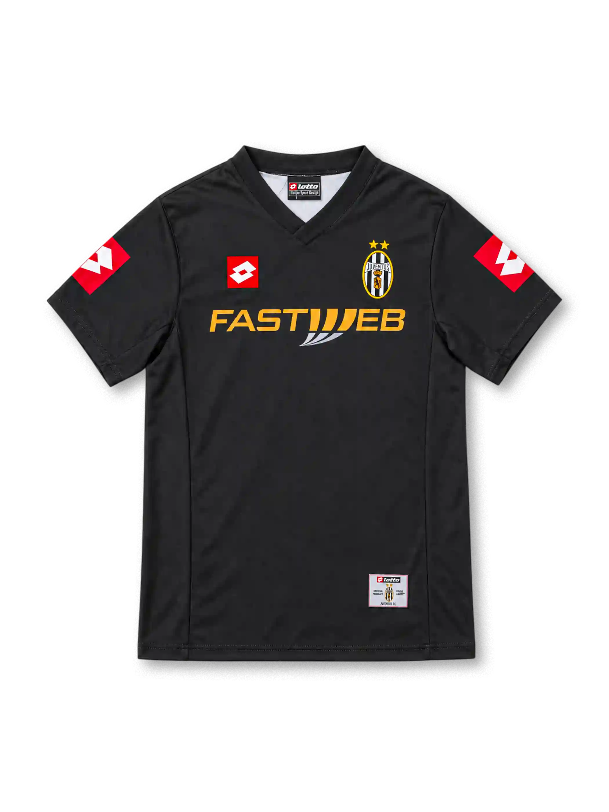 Juventus 2001/02 black away jersey with red Lotto logos, two-star crest and Fastweb sponsor