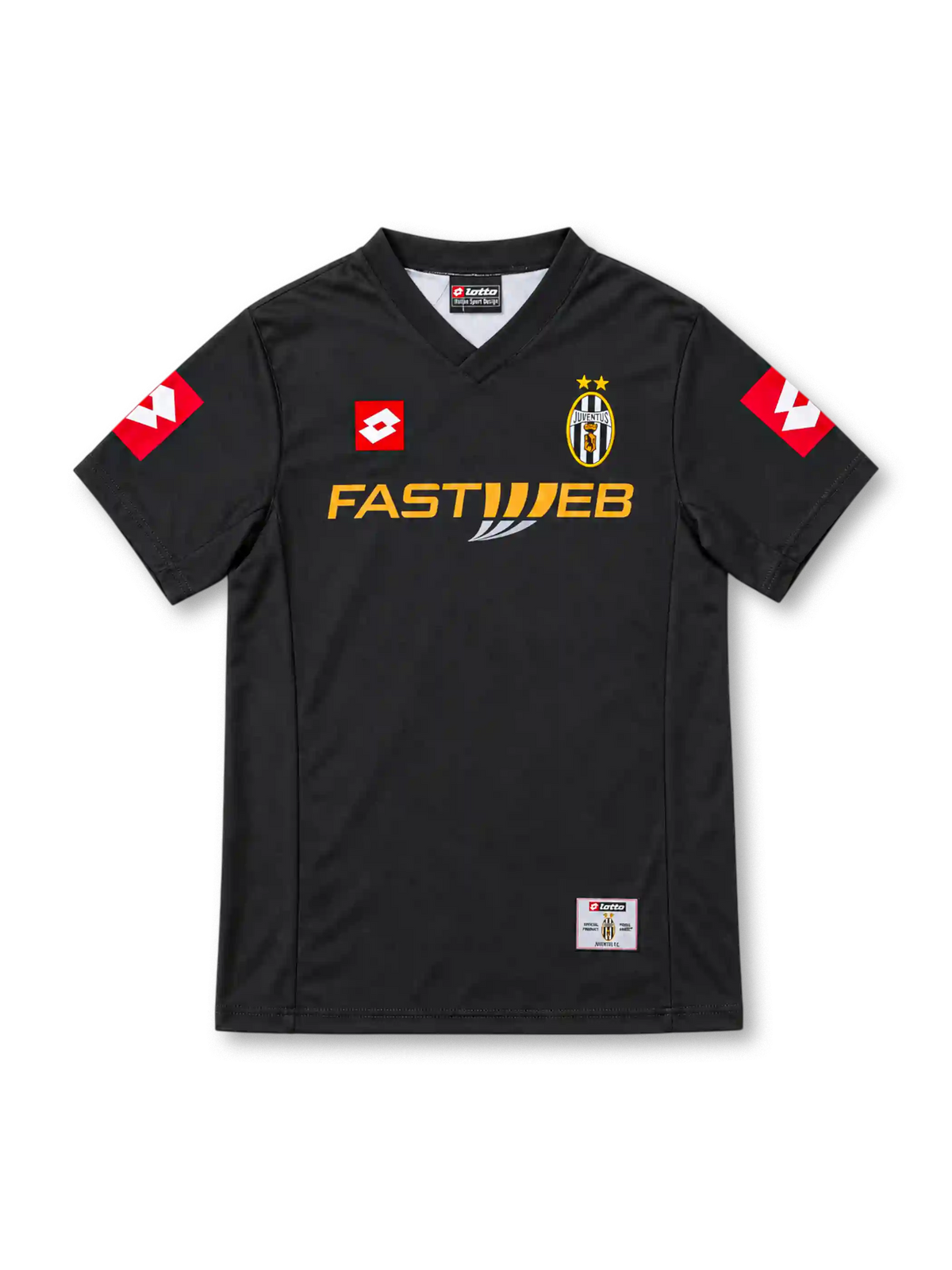 Juventus 2001/02 black away jersey with red Lotto logos, two-star crest and Fastweb sponsor