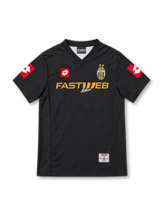 Juventus 2001/02 black away jersey with red Lotto logos, two-star crest and Fastweb sponsor