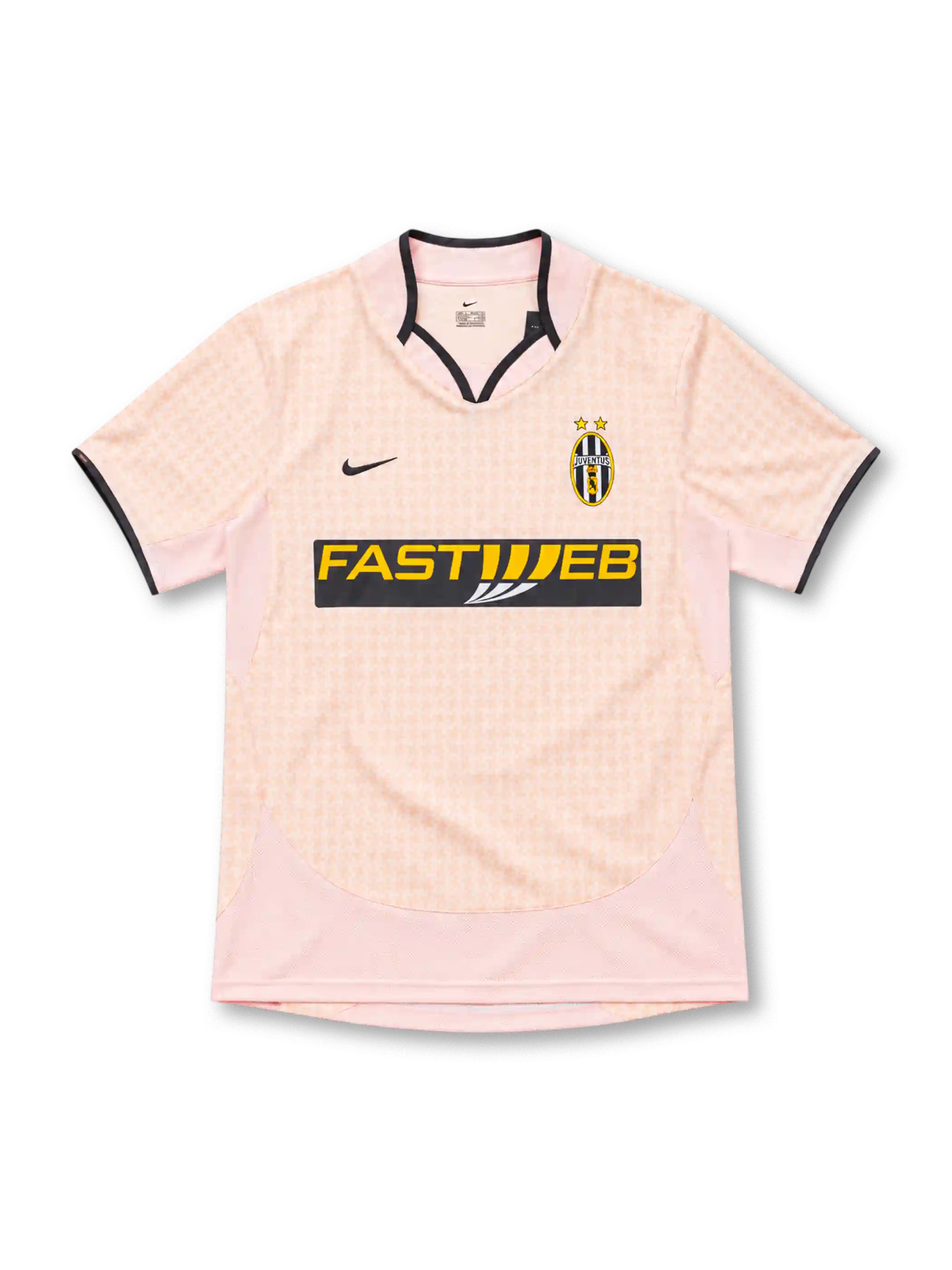 Juventus 2003/04 pink away jersey with check pattern, black trim, Nike logo and Fastweb sponsor