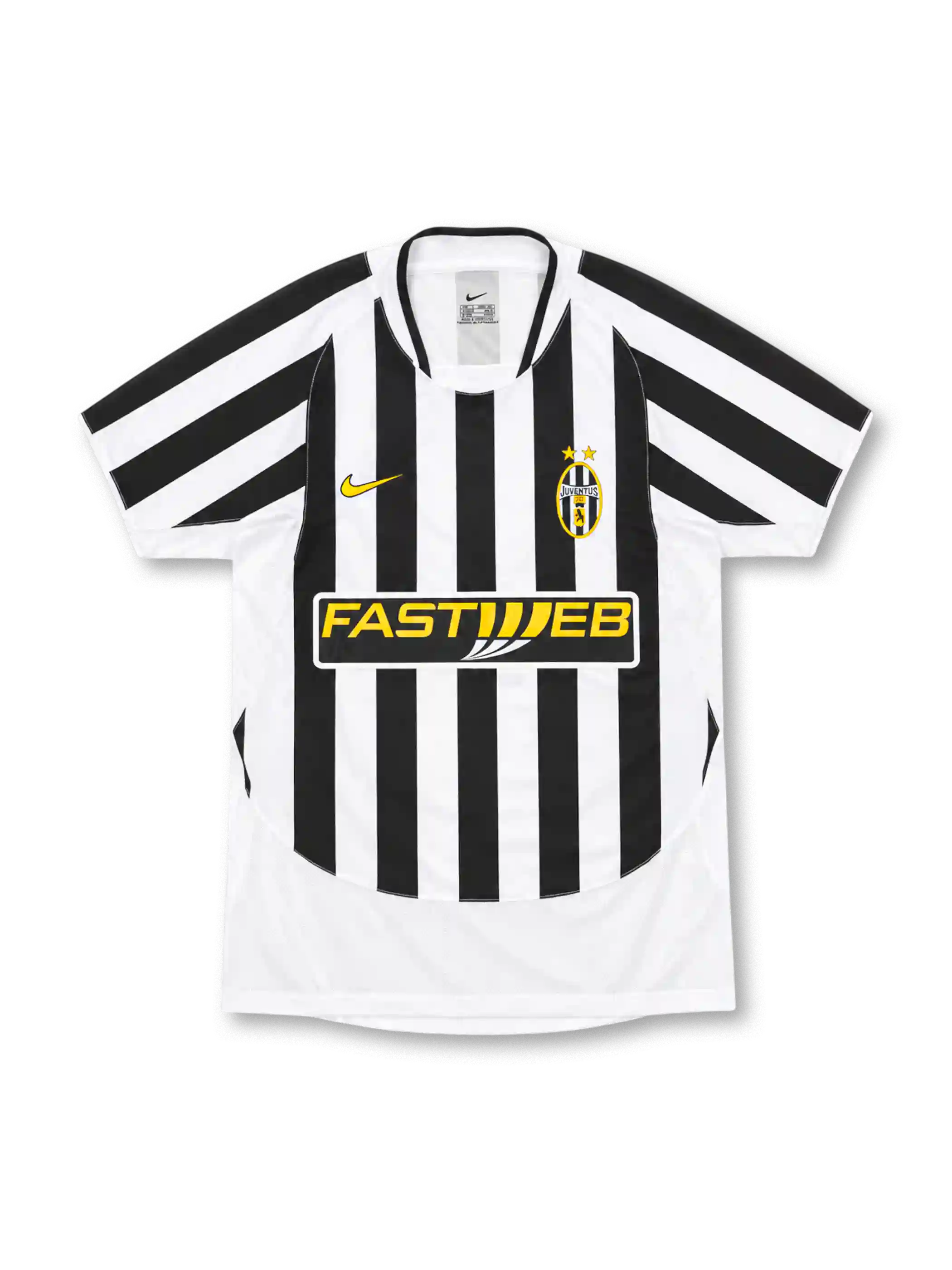 Juventus 2003/04 black and white striped home jersey with gold Nike logo, two-star crest and Fastweb sponsor