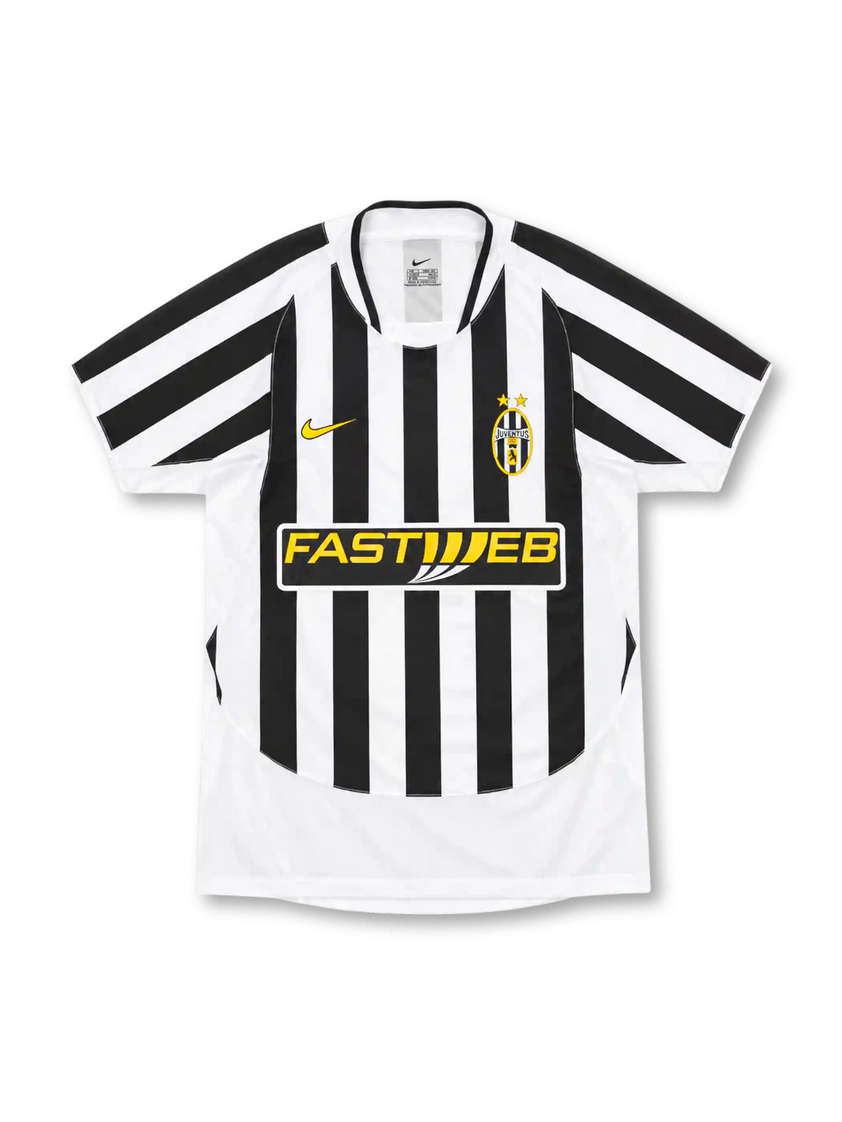 Juventus 2003/04 black and white striped home jersey with gold Nike logo, two-star crest and Fastweb sponsor