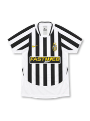 Juventus 2003/04 black and white striped home jersey with gold Nike logo, two-star crest and Fastweb sponsor