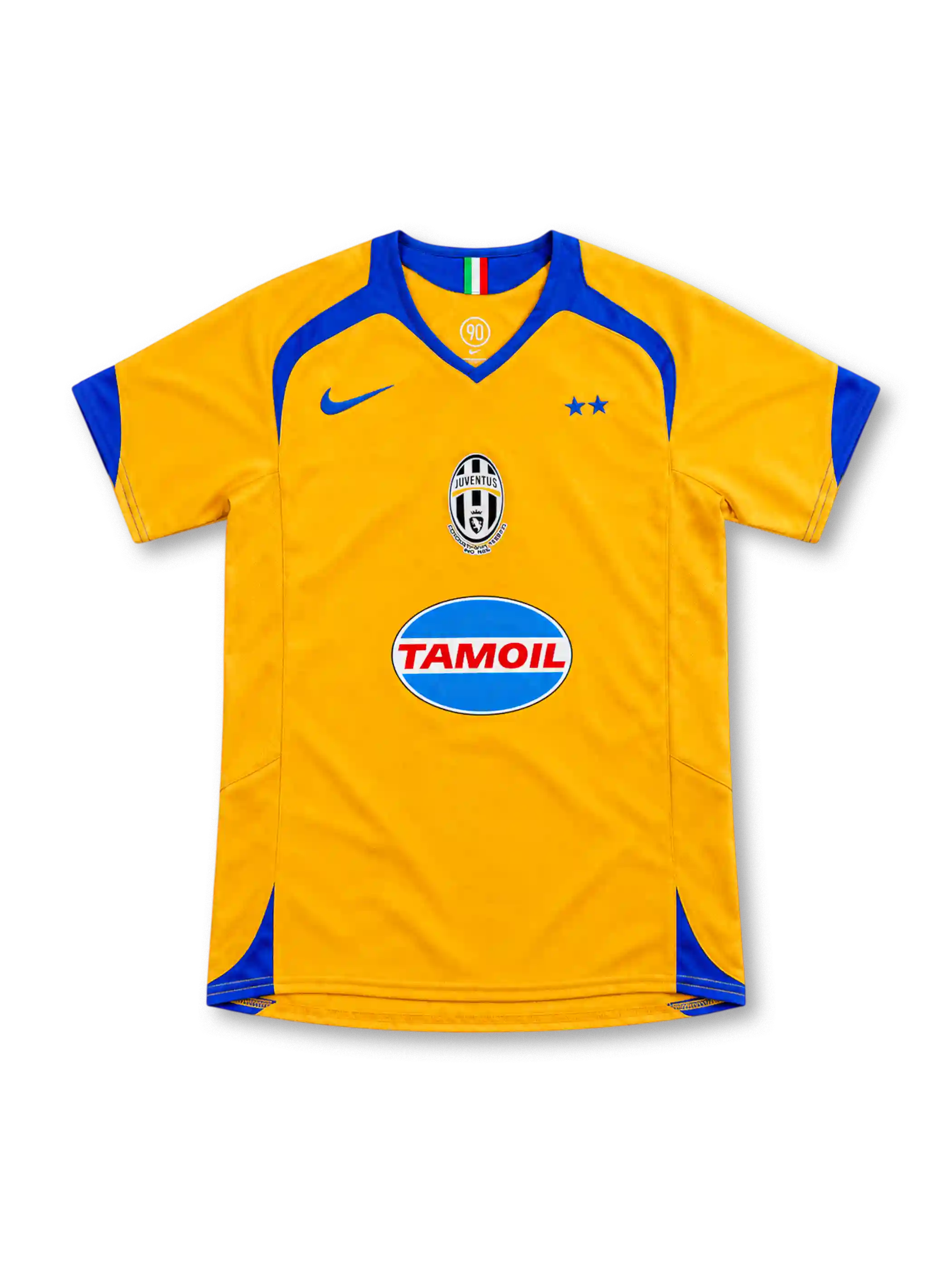 Juventus 2005/06 yellow third jersey with royal blue yoke, Nike logo, centred crest and Tamoil sponsor