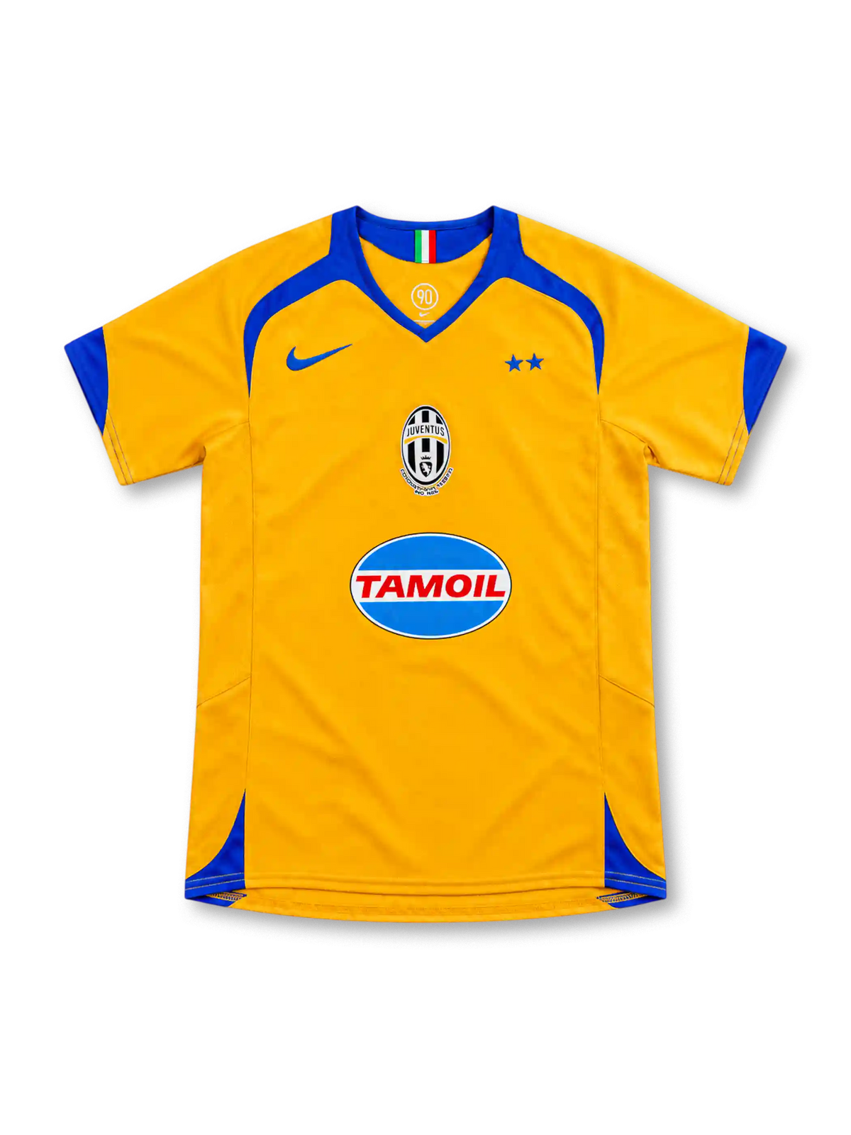 Juventus 2005/06 yellow third jersey with royal blue yoke, Nike logo, centred crest and Tamoil sponsor