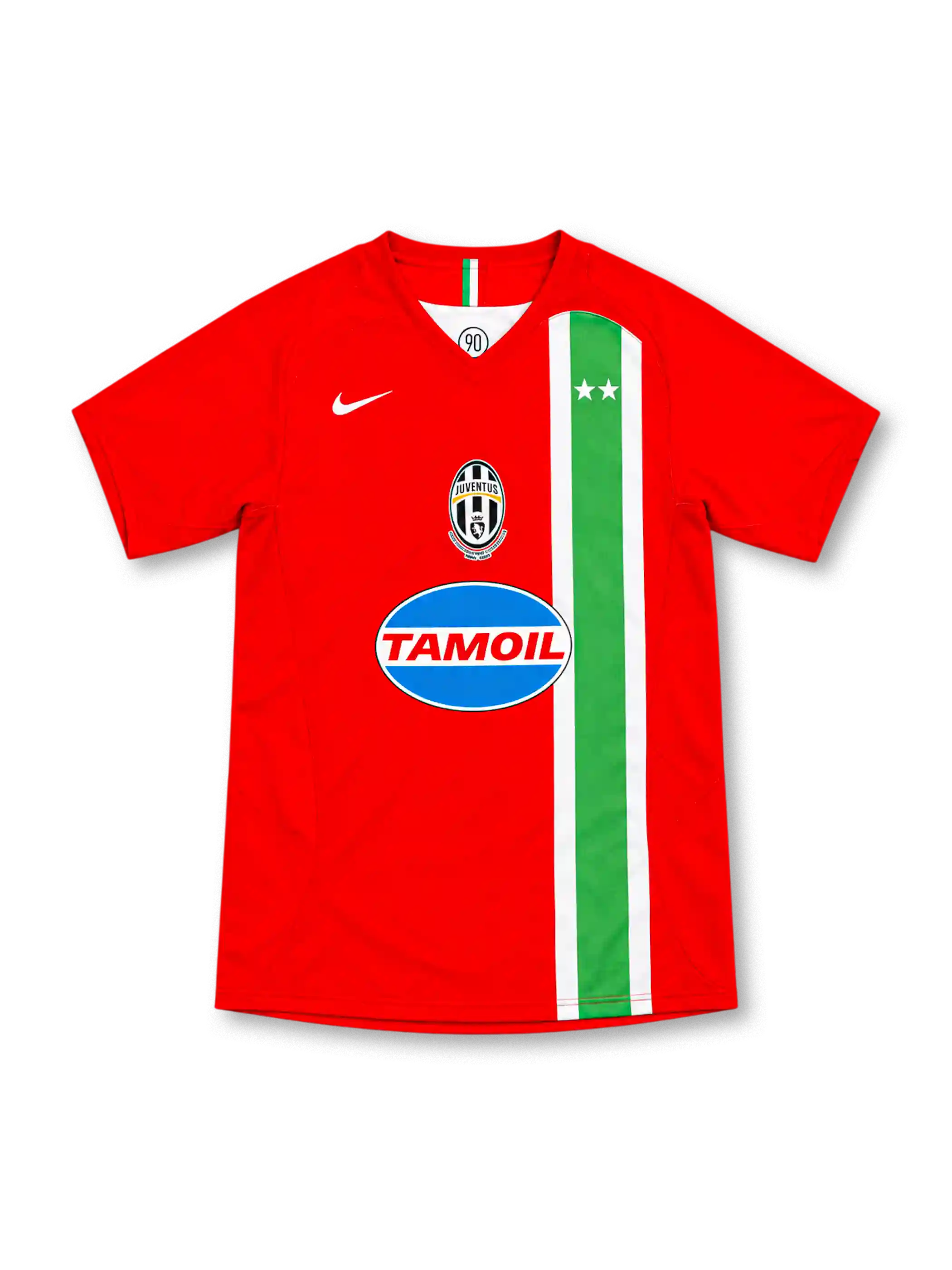 Juventus 2005/06 red away jersey with green and white tricolour stripe, Nike logo, centred crest and Tamoil sponsor