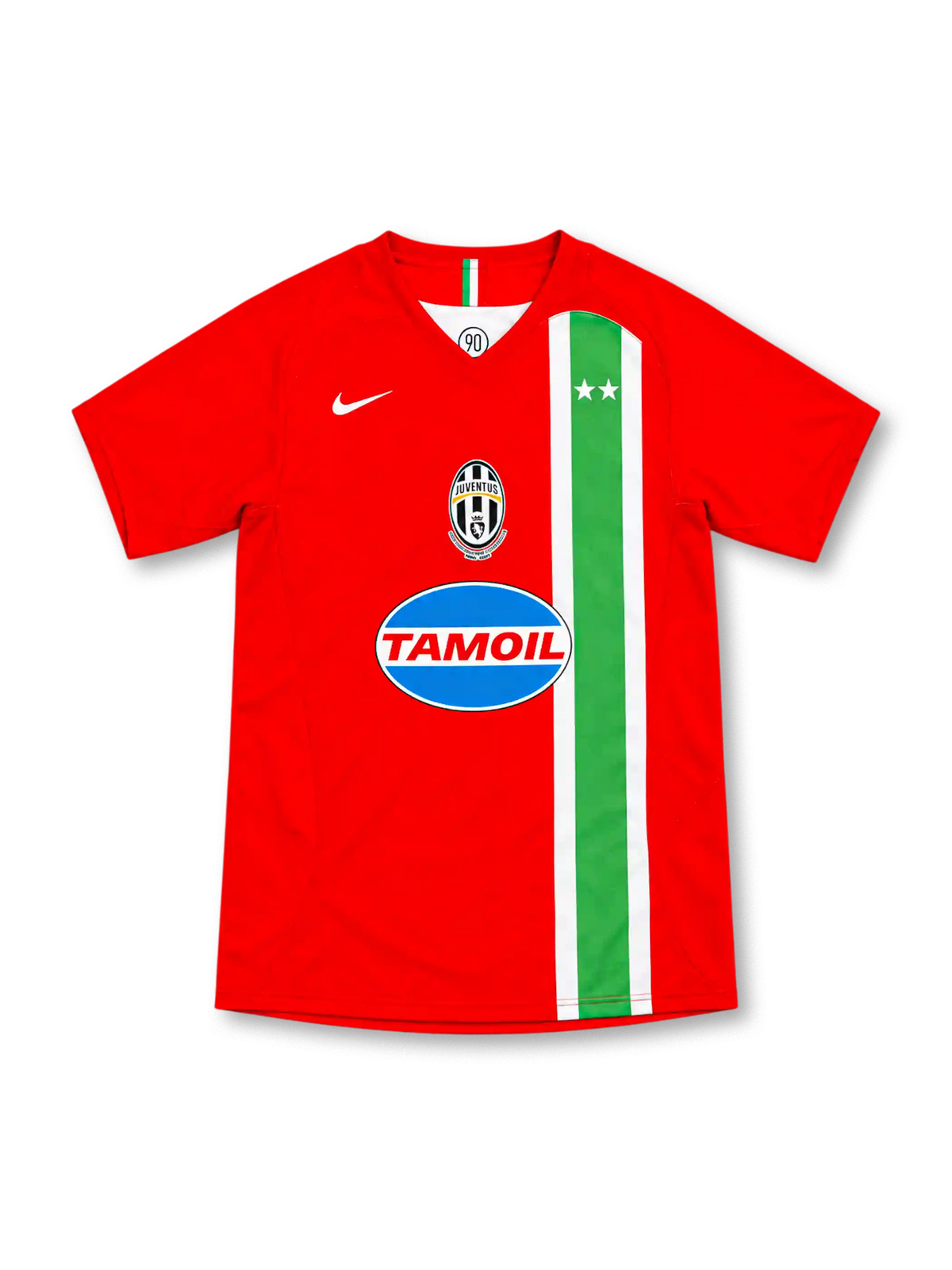 Juventus 2005/06 red away jersey with green and white tricolour stripe, Nike logo, centred crest and Tamoil sponsor