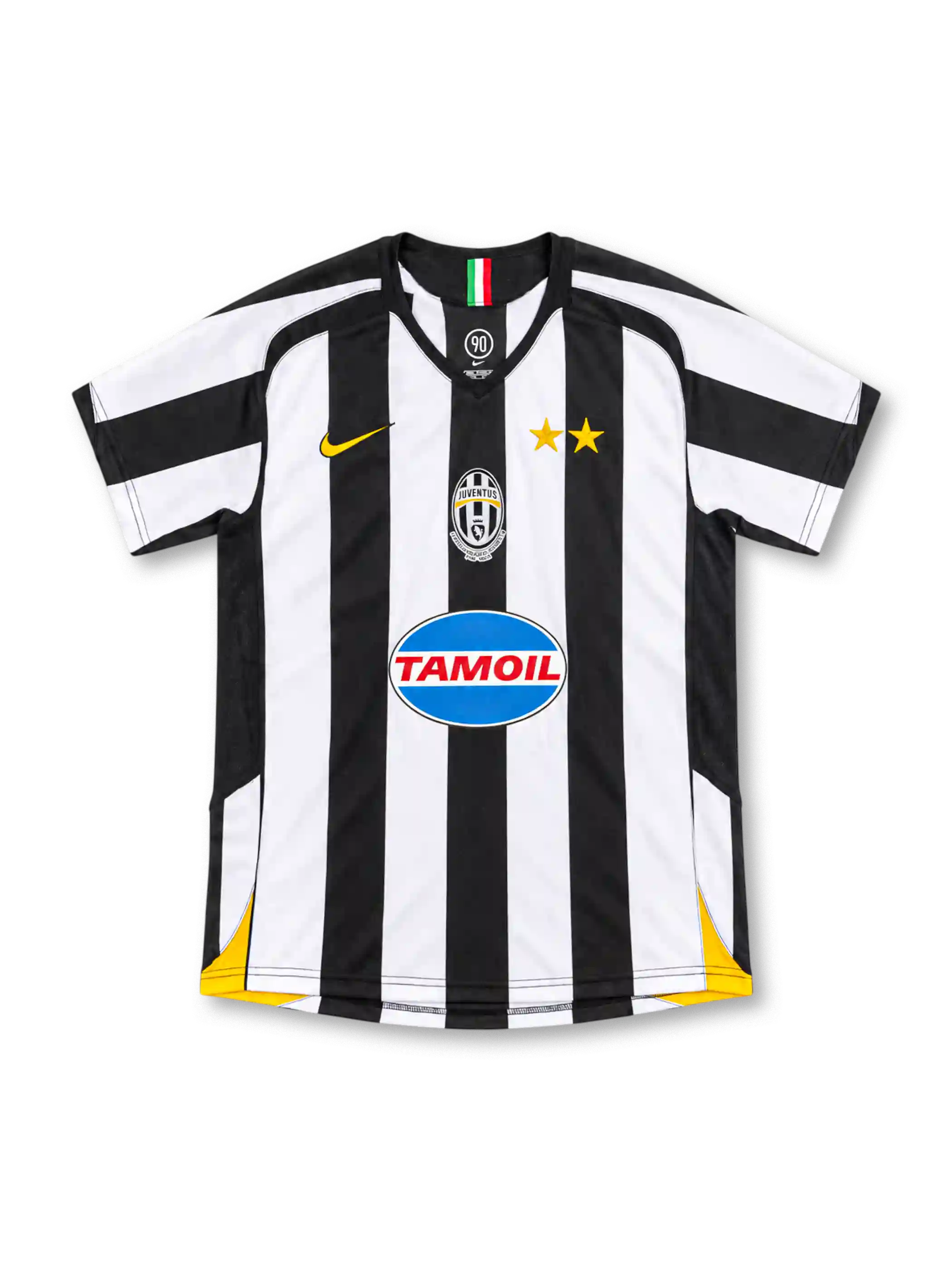 Juventus 2005/06 black and white striped home jersey with gold Nike logo, two gold stars, centred crest and Tamoil sponsor