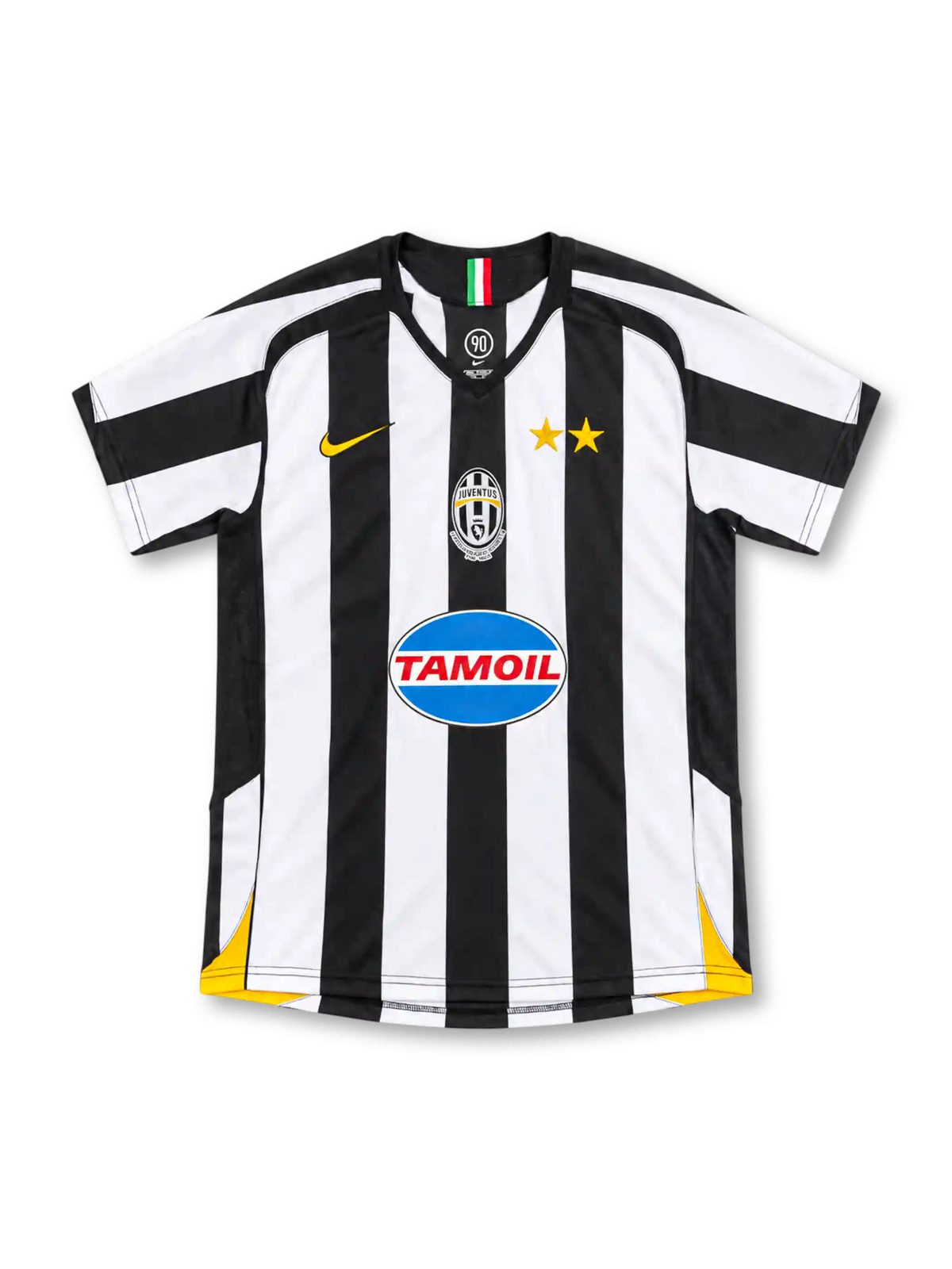 Juventus 2005/06 black and white striped home jersey with gold Nike logo, two gold stars, centred crest and Tamoil sponsor
