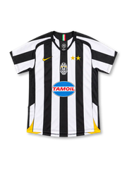 Juventus 2005/06 black and white striped home jersey with gold Nike logo, two gold stars, centred crest and Tamoil sponsor