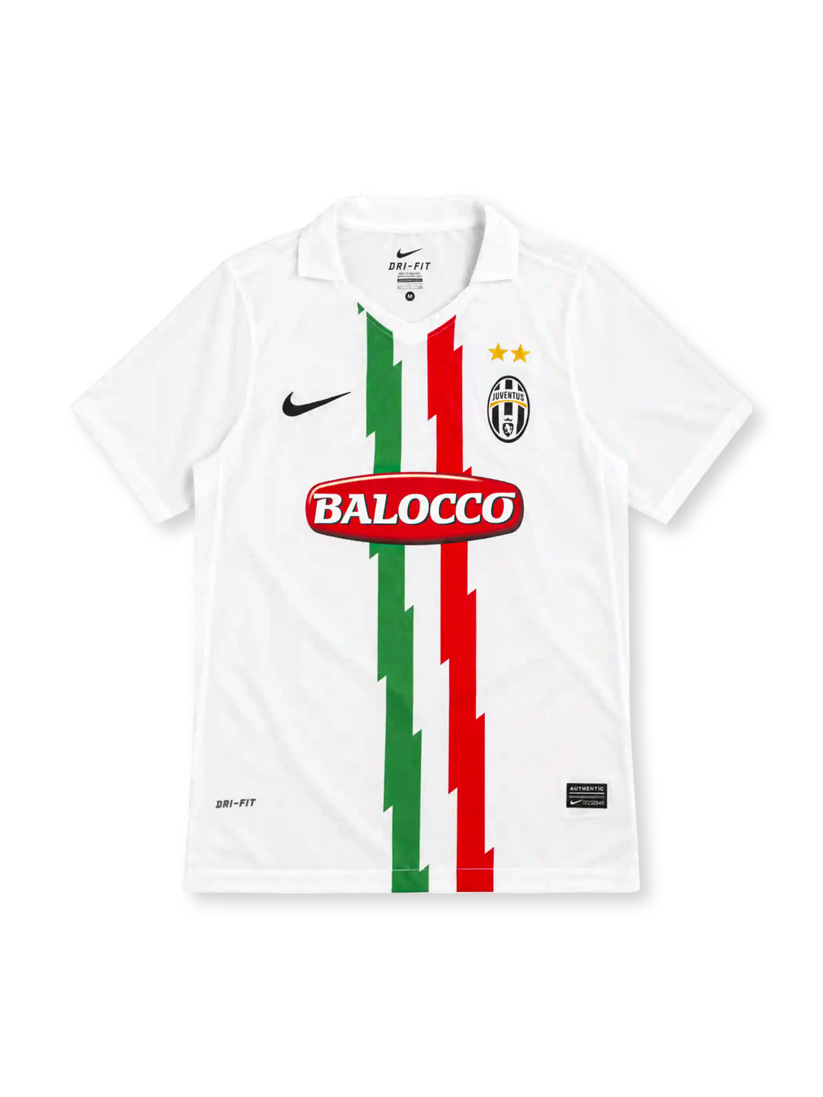 Juventus 2010/11 white away jersey with green and red tricolour stripes, Nike logo, club crest and Balocco sponsor