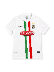 Juventus 2010/11 white away jersey with green and red tricolour stripes, Nike logo, club crest and Balocco sponsor
