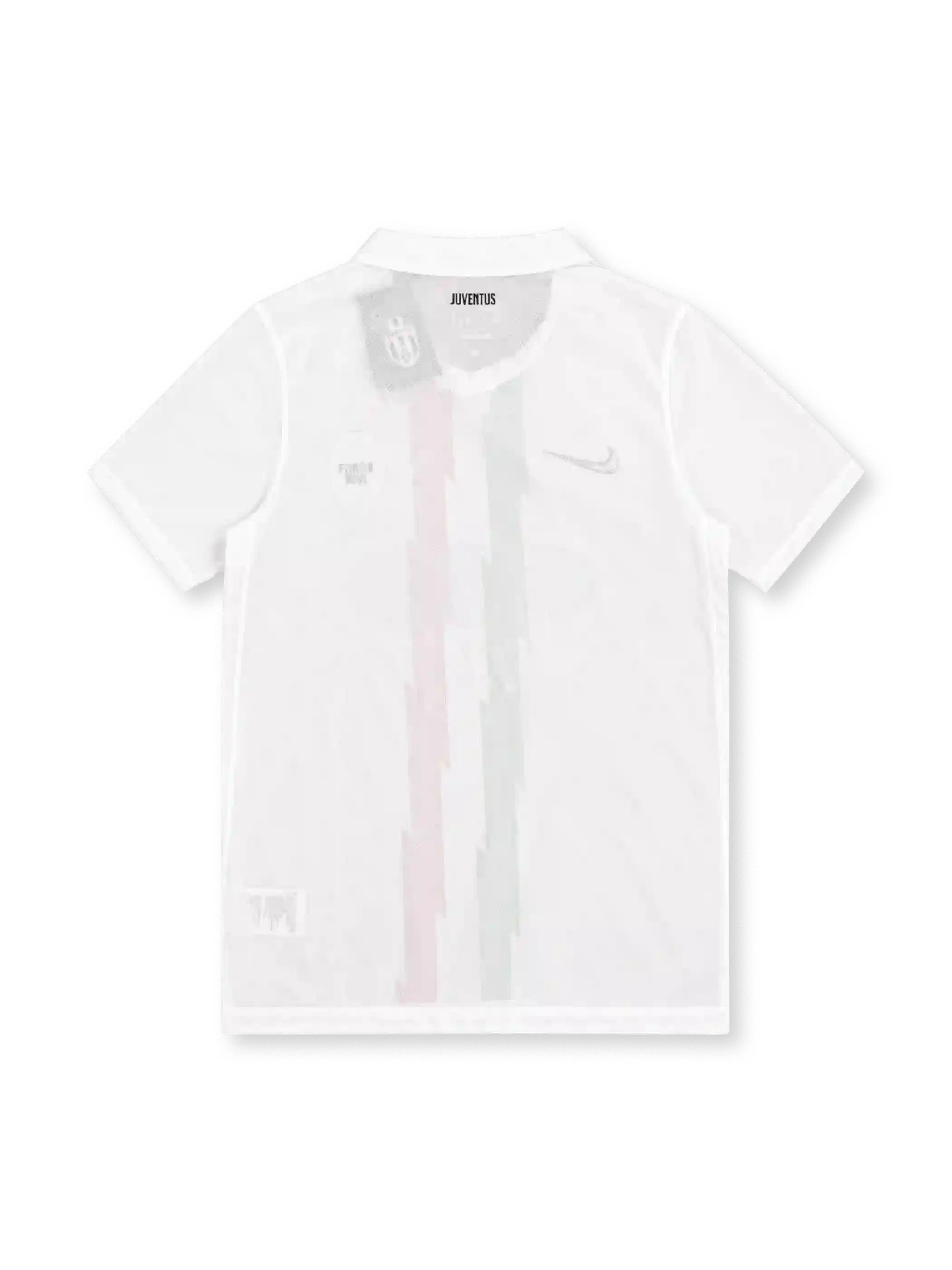 Juventus 2010/11 white away jersey with green and red tricolour stripes, Nike logo, club crest and Balocco sponsor