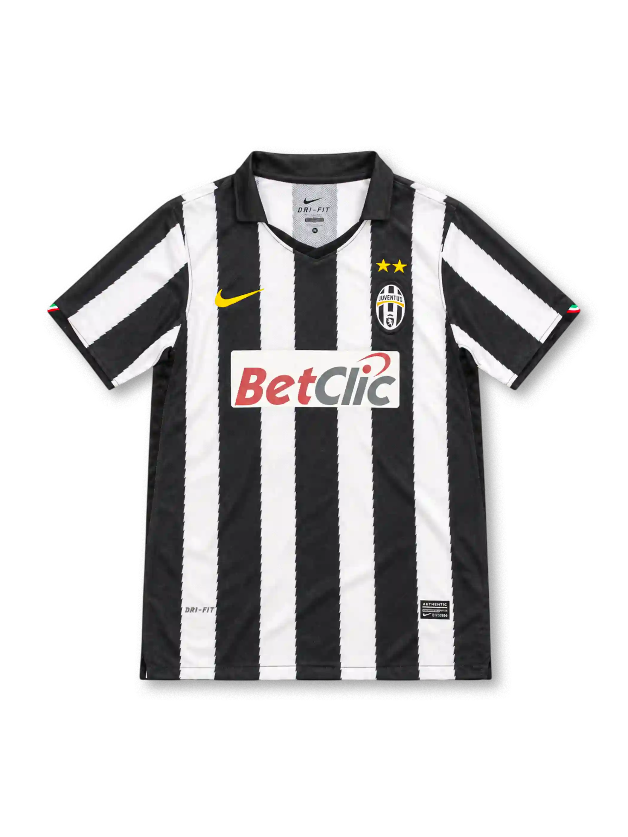 Juventus 2010/11 black and white striped home jersey with polo collar, gold Nike logo, club crest and BetClic sponsor