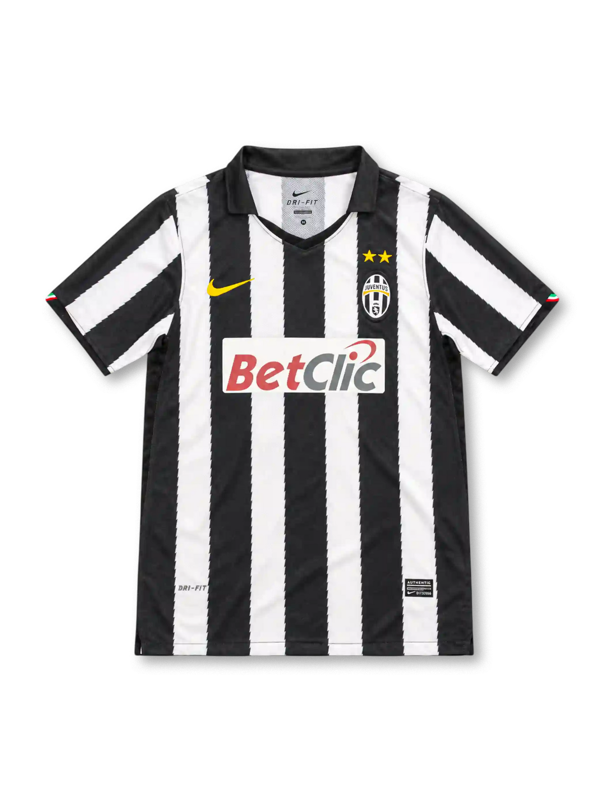 Juventus 2010/11 black and white striped home jersey with polo collar, gold Nike logo, club crest and BetClic sponsor