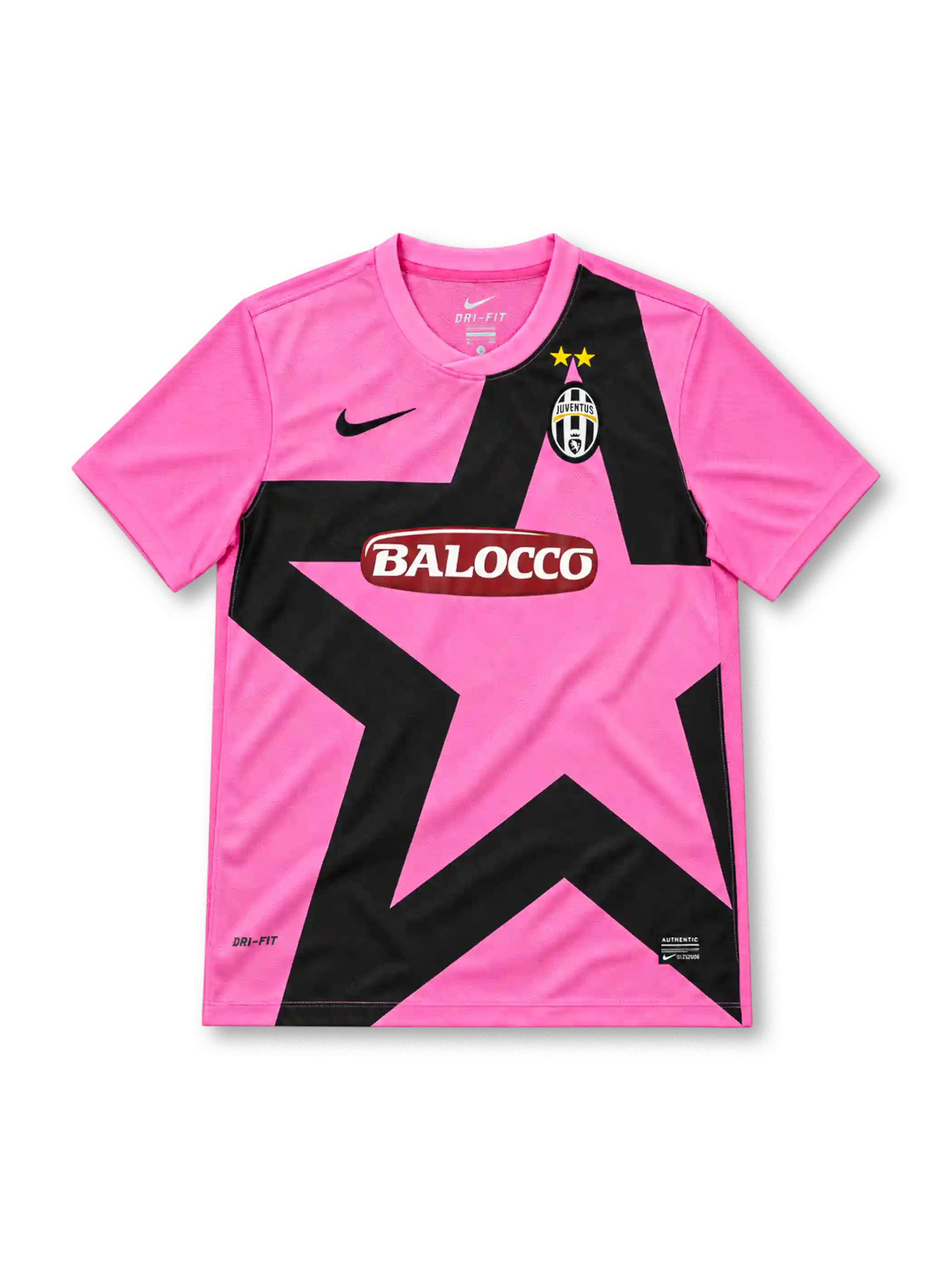 Juventus 2011/12 pink away jersey with giant black star graphic, Nike logo, club crest and Balocco sponsor