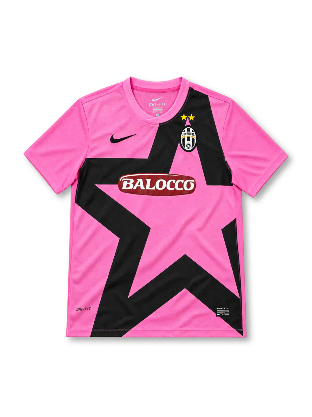Juventus 2011/12 pink away jersey with giant black star graphic, Nike logo, club crest and Balocco sponsor