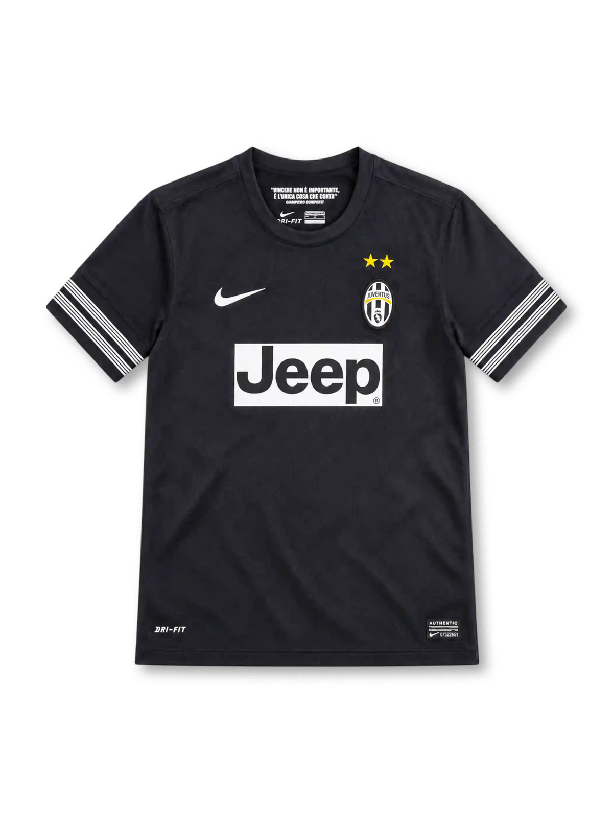 Juventus 2012/13 black away jersey with white striped sleeve bands, Nike logo, club crest and Jeep sponsor