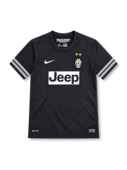 Juventus 2012/13 black away jersey with white striped sleeve bands, Nike logo, club crest and Jeep sponsor