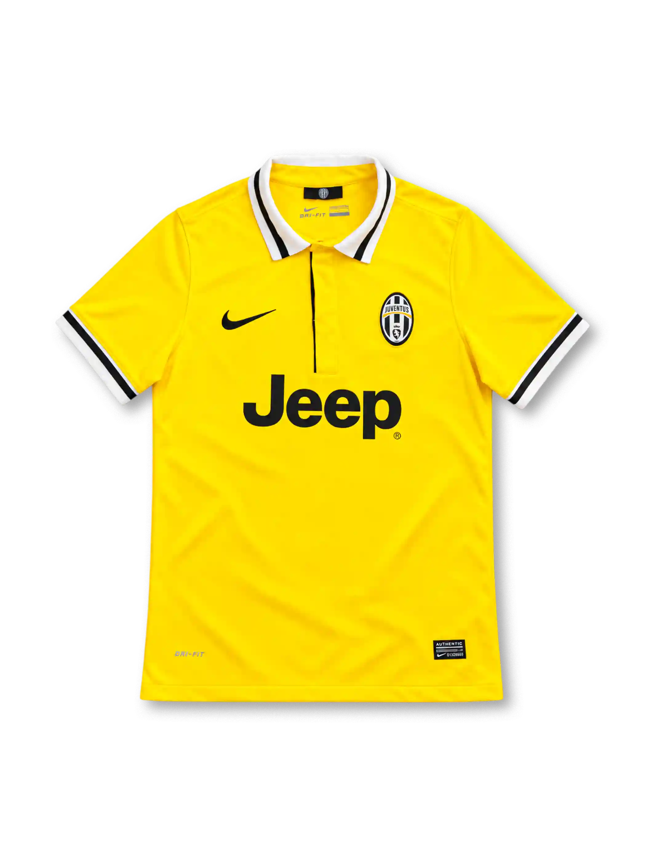 Juventus 2014/15 yellow away jersey with black and white striped polo collar, Nike logo, club crest and Jeep sponsor