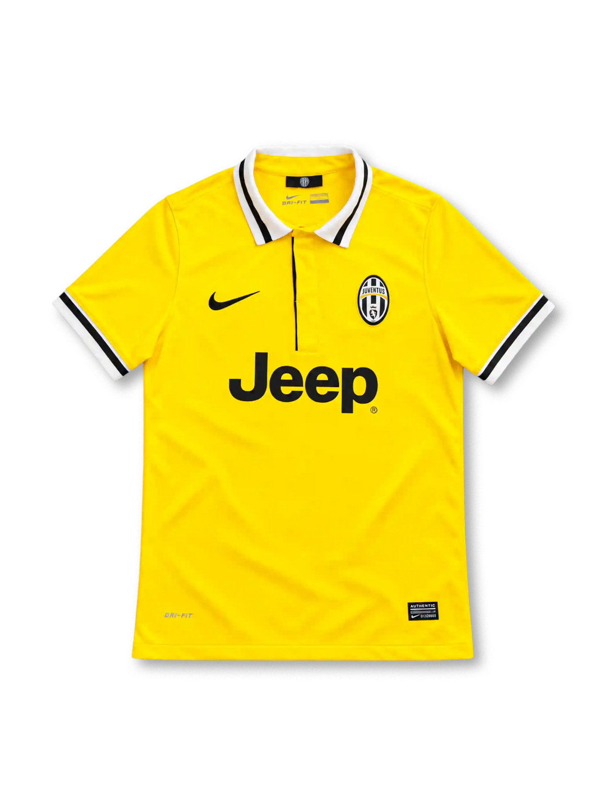 Juventus 2014/15 yellow away jersey with black and white striped polo collar, Nike logo, club crest and Jeep sponsor