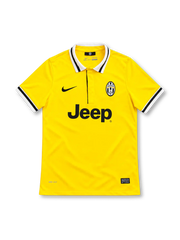 Juventus 2014/15 yellow away jersey with black and white striped polo collar, Nike logo, club crest and Jeep sponsor