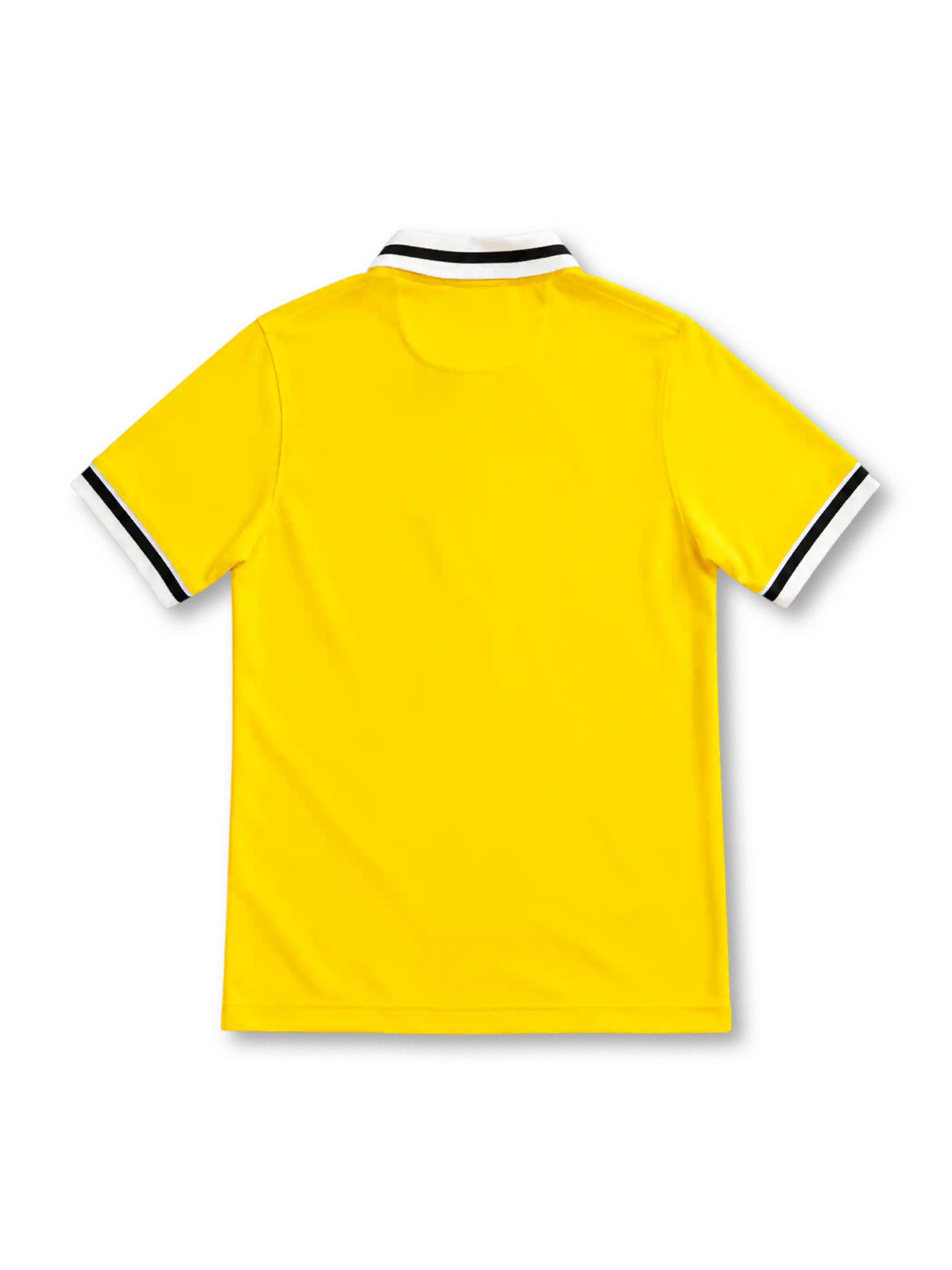Juventus 2014/15 yellow away jersey with black and white striped polo collar, Nike logo, club crest and Jeep sponsor