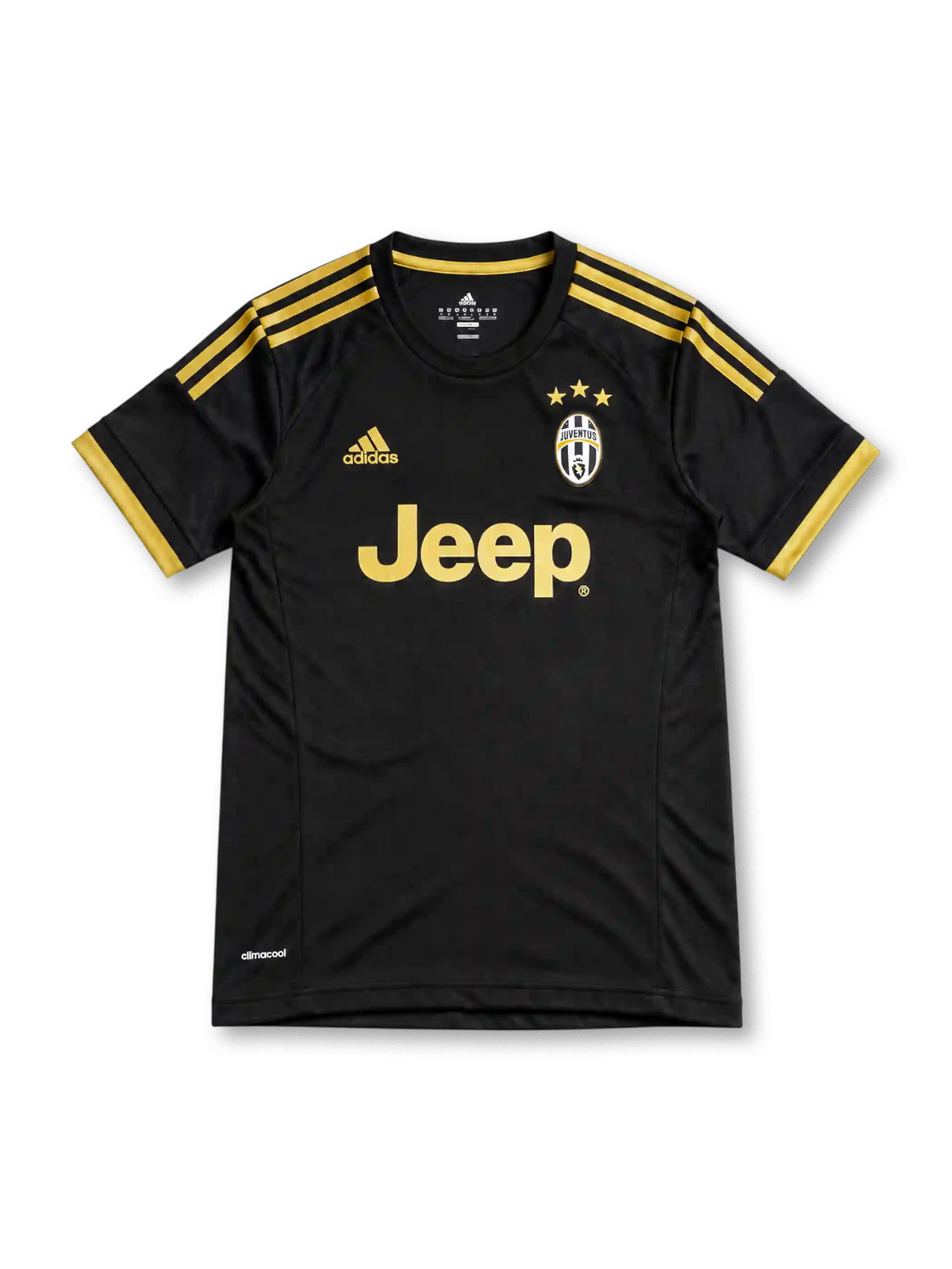 Juventus 2015/16 black third jersey with gold adidas stripes, three-star crest and gold Jeep sponsor