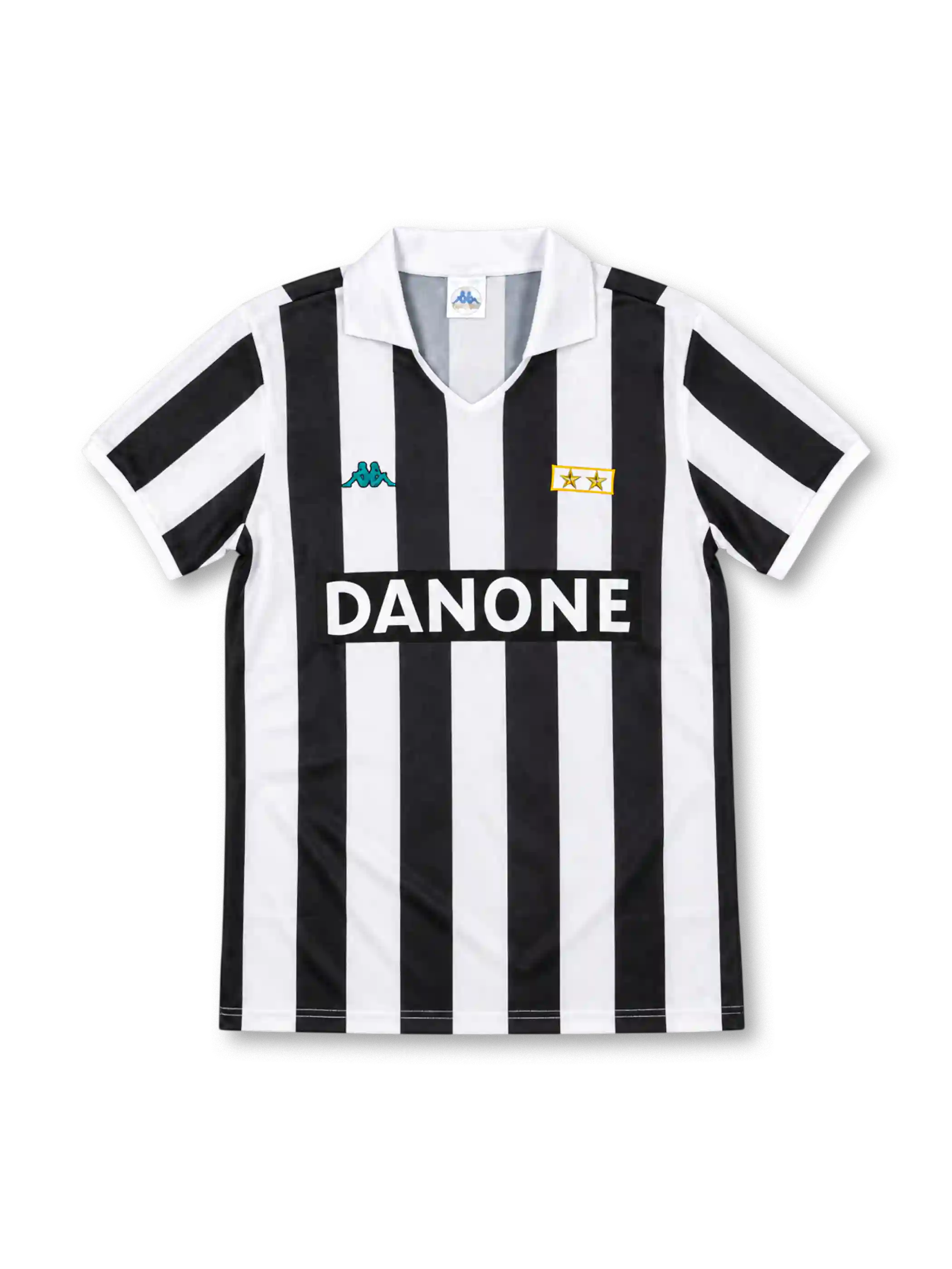Juventus 1992/94 black and white striped home jersey with open white collar, Kappa logo, two-star patch and Danone sponsor