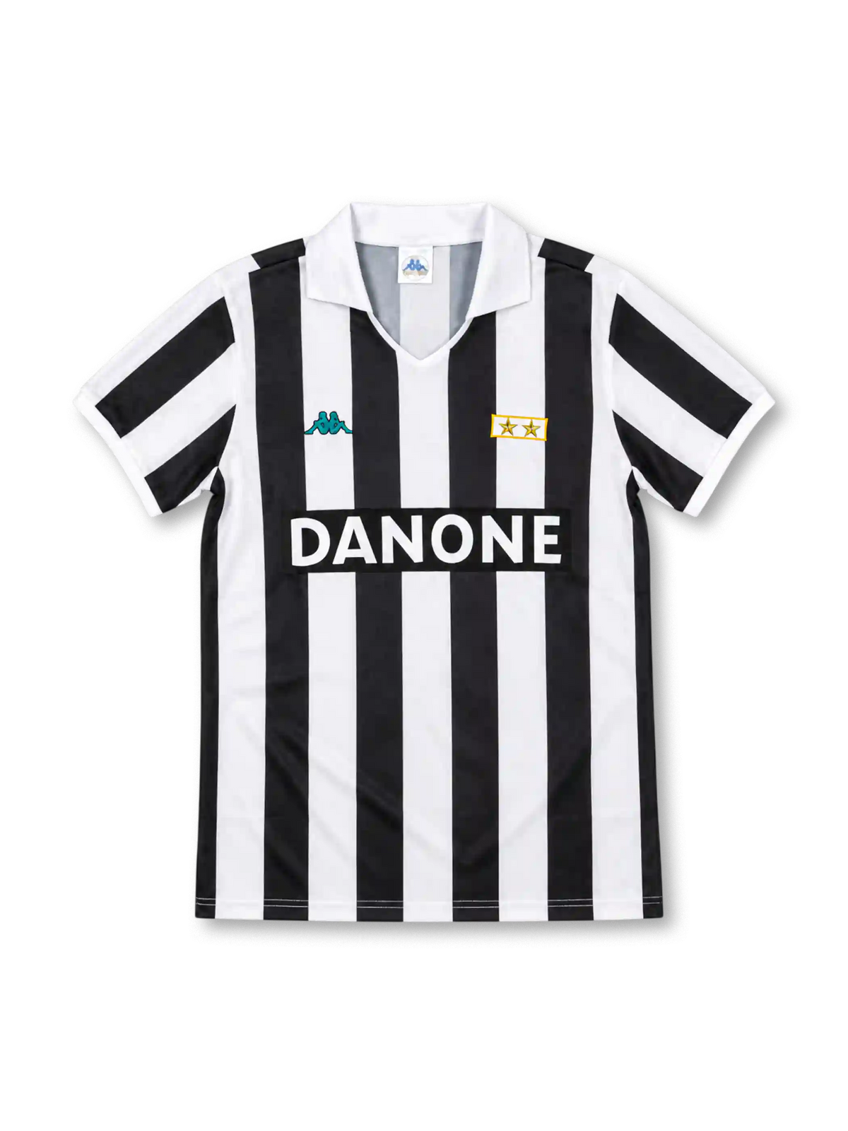 Juventus 1992/94 black and white striped home jersey with open white collar, Kappa logo, two-star patch and Danone sponsor