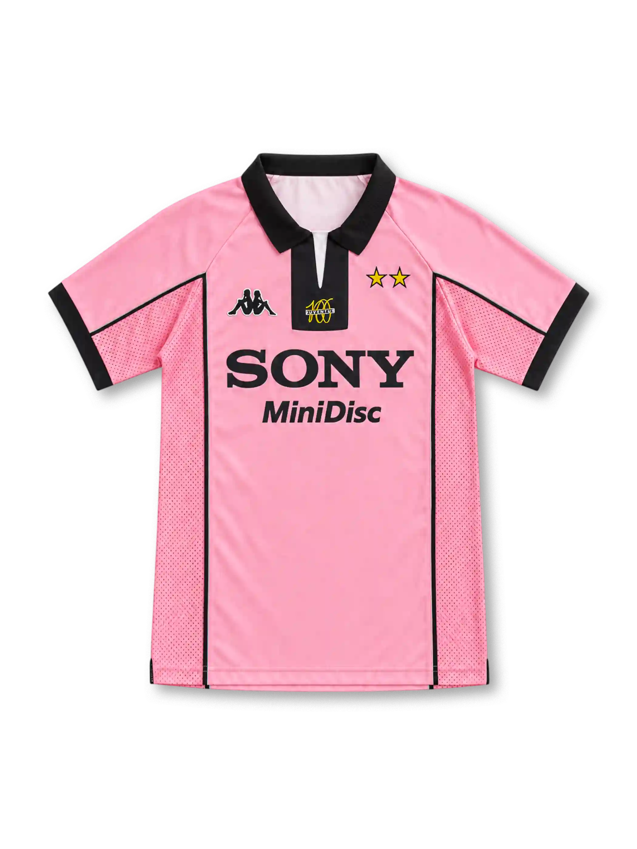 Juventus 1997/98 pink away jersey with black polo collar, centenary logo, Kappa logo and Sony MiniDisc sponsor
