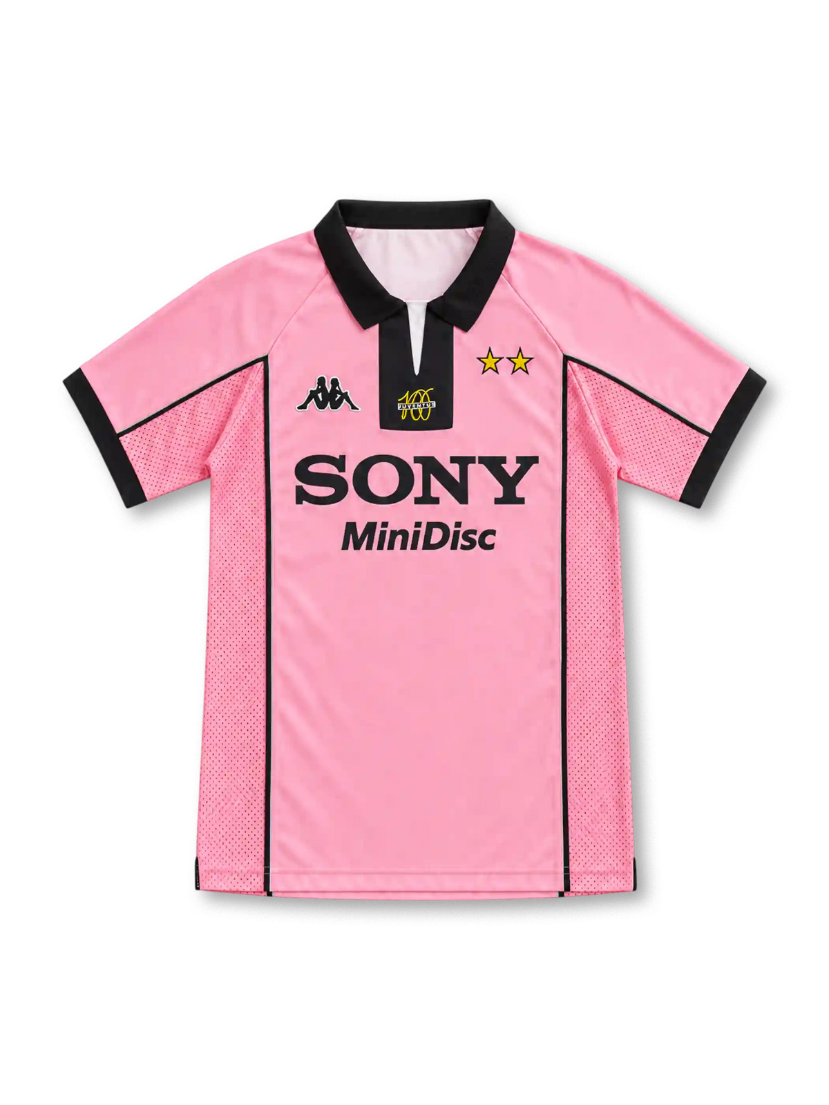 Juventus 1997/98 pink away jersey with black polo collar, centenary logo, Kappa logo and Sony MiniDisc sponsor