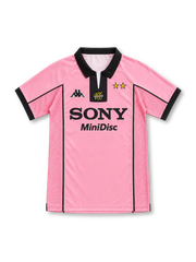 Juventus 1997/98 pink away jersey with black polo collar, centenary logo, Kappa logo and Sony MiniDisc sponsor