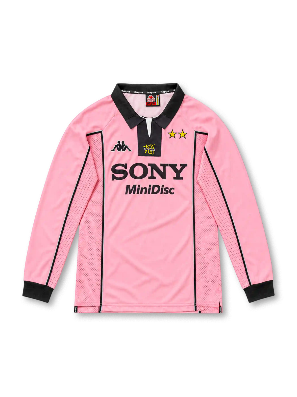 Juventus 1997/98 pink long-sleeve away jersey with black polo collar, mesh panels, centenary logo and Sony MiniDisc sponsor