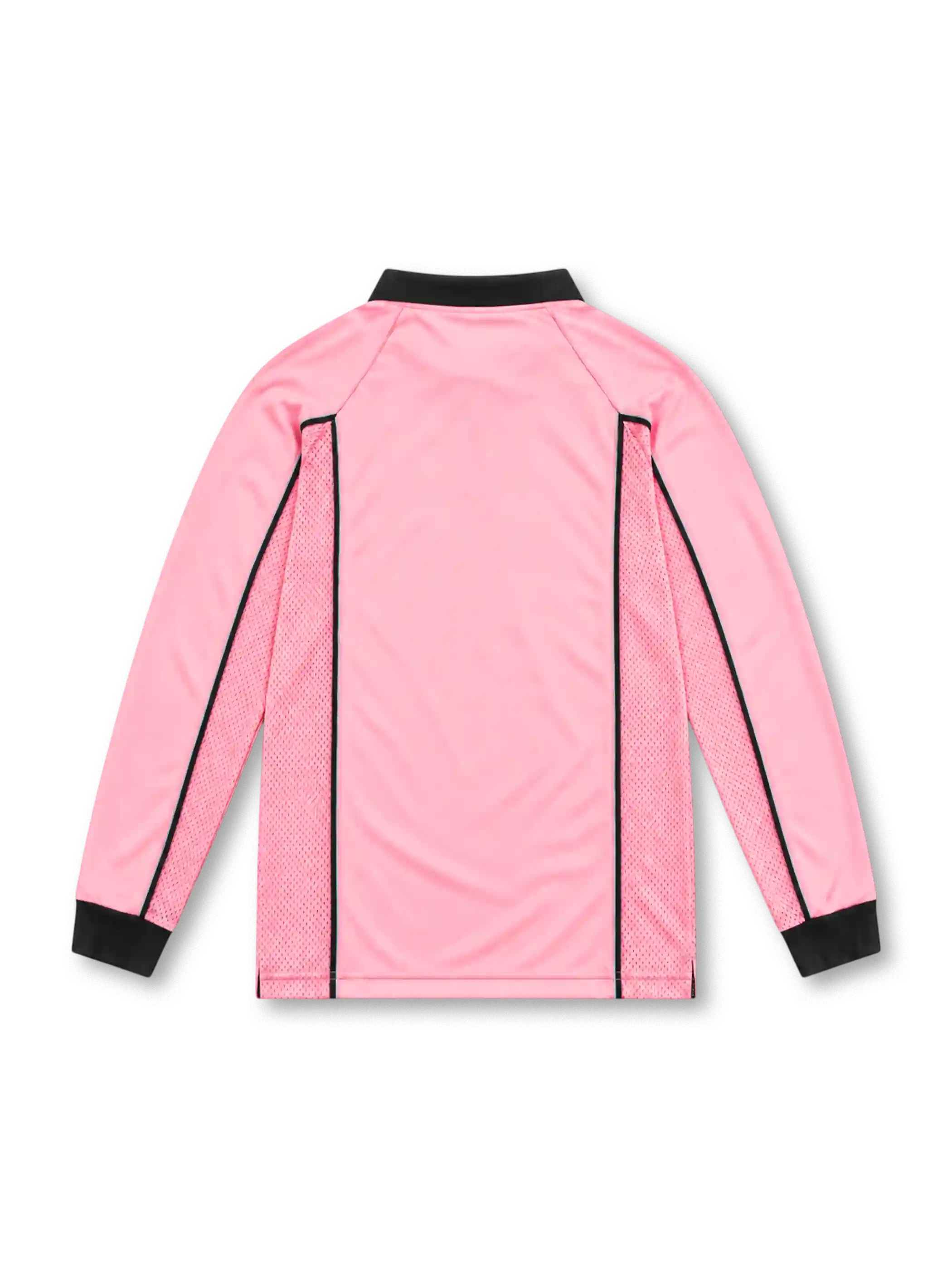 Juventus 1997/98 pink long-sleeve away jersey with black polo collar, mesh panels, centenary logo and Sony MiniDisc sponsor