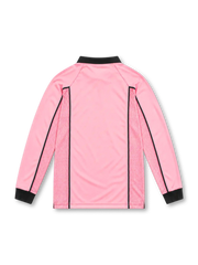 Juventus 1997/98 pink long-sleeve away jersey with black polo collar, mesh panels, centenary logo and Sony MiniDisc sponsor