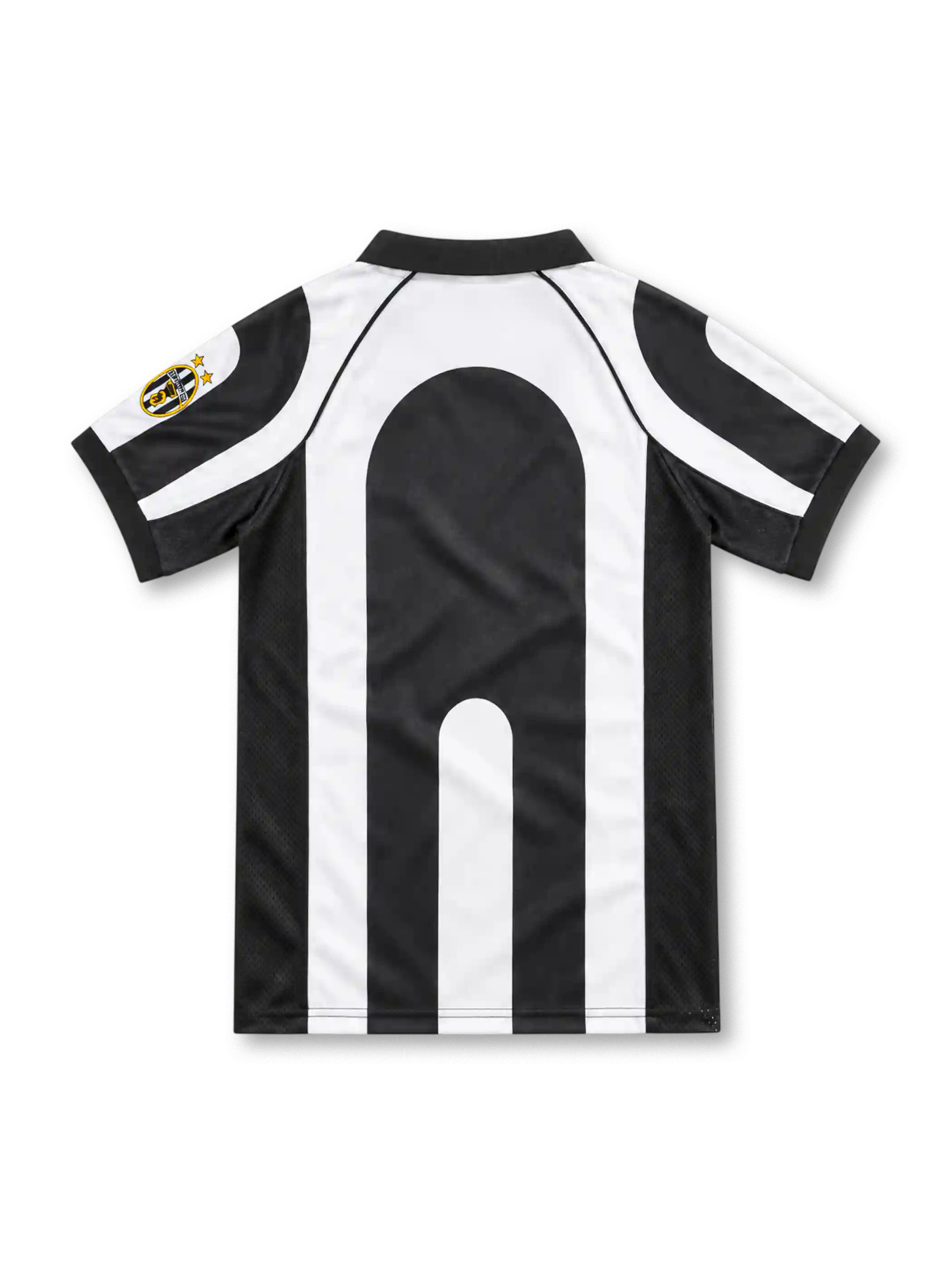 Juventus 1997/98 black and white striped home jersey with polo collar, mesh side panels, Kappa logo and Sony MiniDisc sponsor