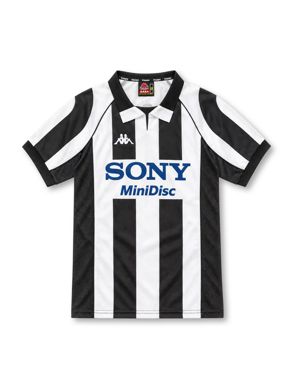 Juventus 1997/98 black and white striped home jersey with polo collar, mesh side panels, Kappa logo and Sony MiniDisc sponsor