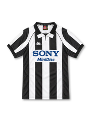 Juventus 1997/98 black and white striped home jersey with polo collar, mesh side panels, Kappa logo and Sony MiniDisc sponsor