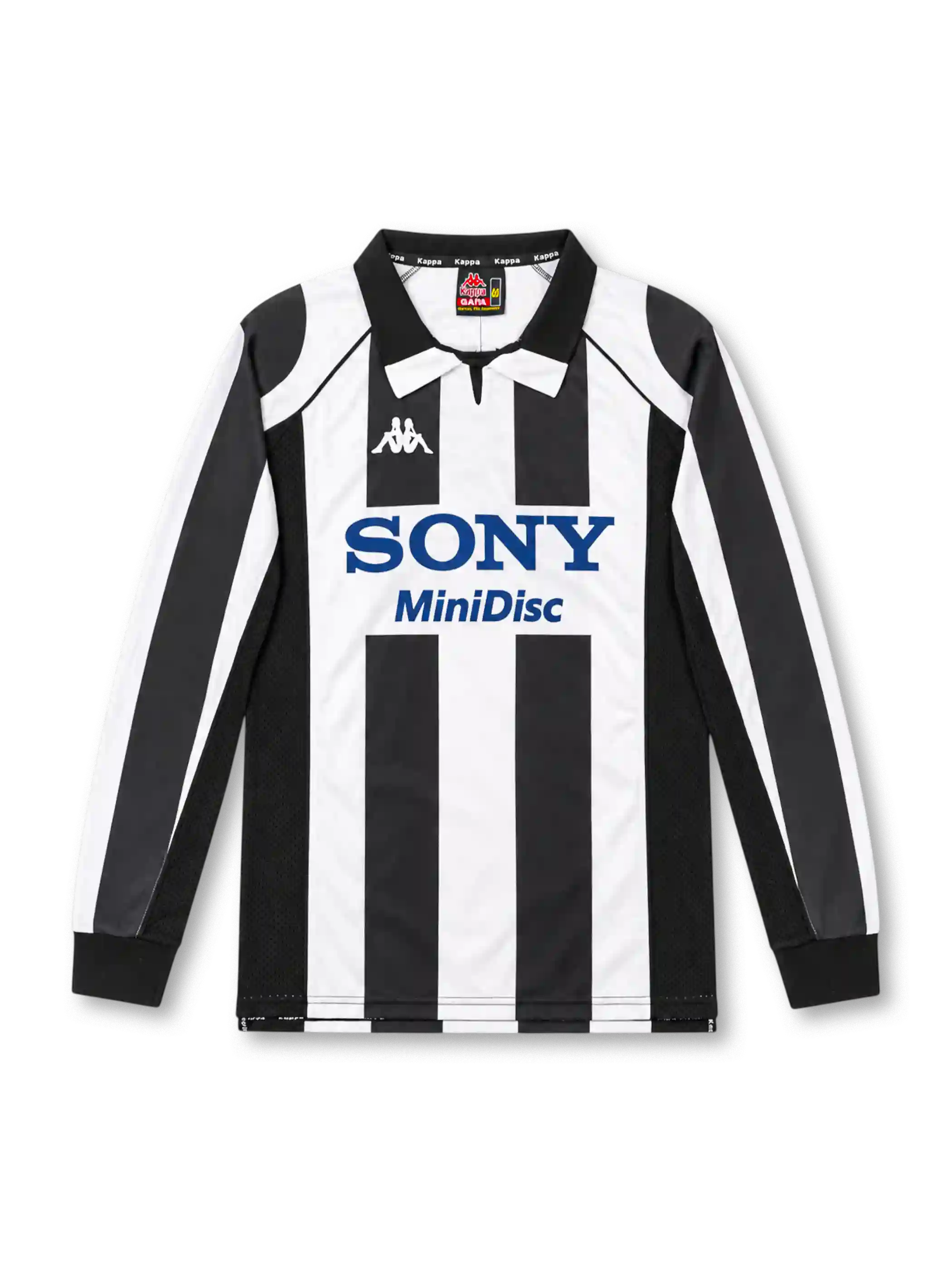 Juventus 1997/98 black and white striped long-sleeve home jersey with polo collar, mesh panels, Kappa logo and Sony MiniDisc sponsor