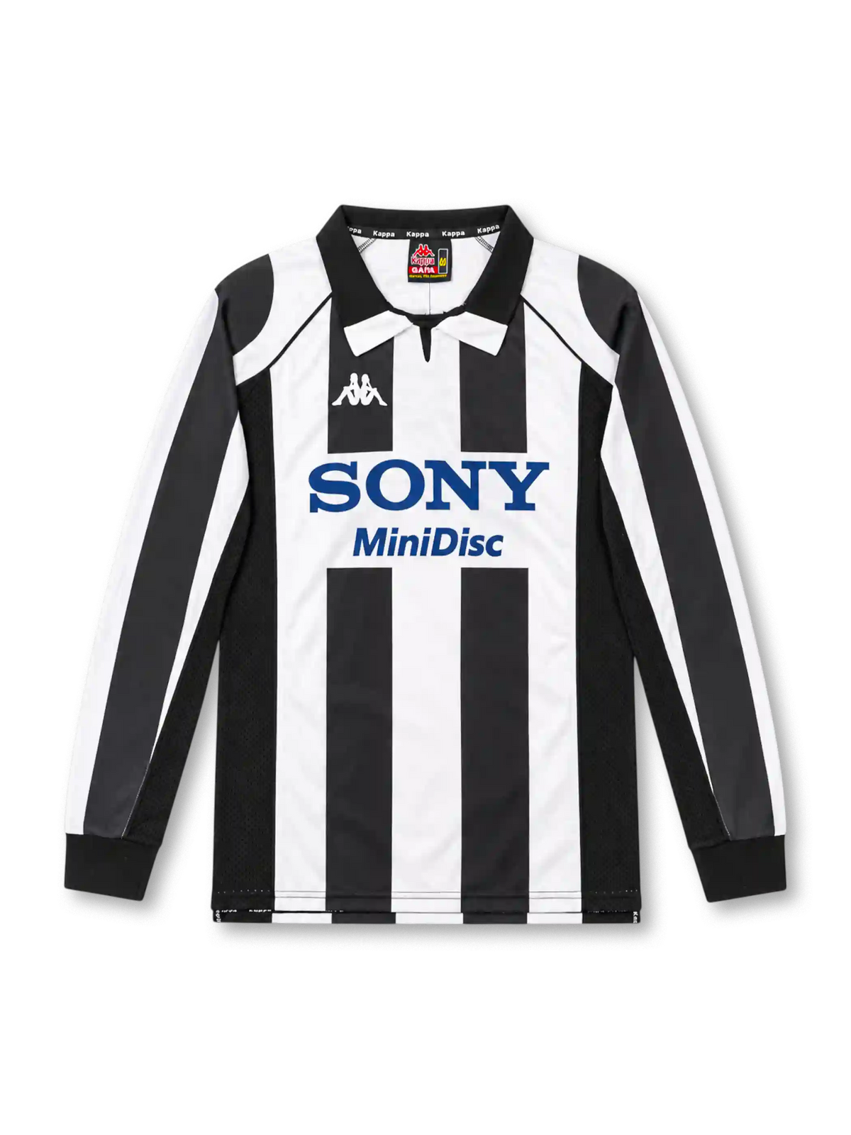 Juventus 1997/98 black and white striped long-sleeve home jersey with polo collar, mesh panels, Kappa logo and Sony MiniDisc sponsor