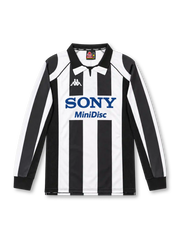 Juventus 1997/98 black and white striped long-sleeve home jersey with polo collar, mesh panels, Kappa logo and Sony MiniDisc sponsor