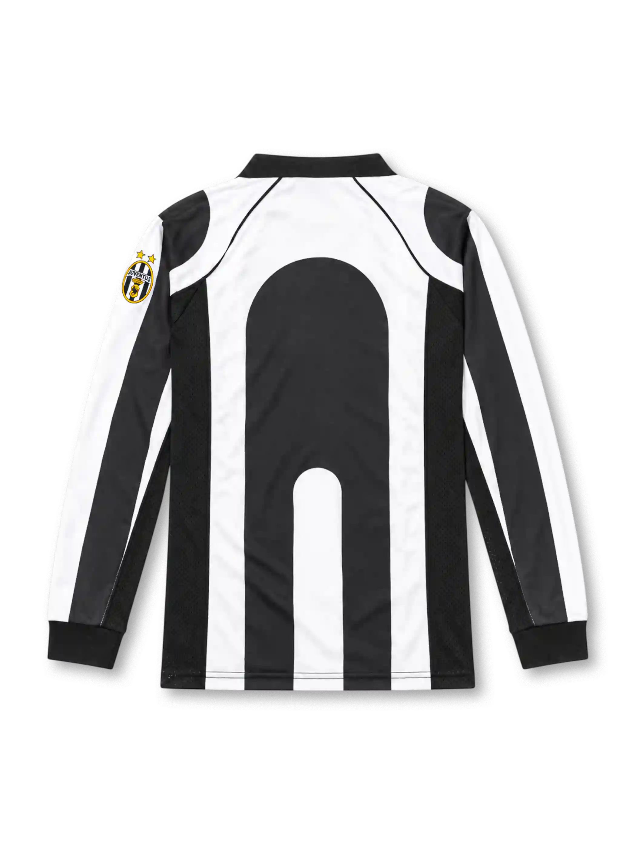 Juventus 1997/98 black and white striped long-sleeve home jersey with polo collar, mesh panels, Kappa logo and Sony MiniDisc sponsor