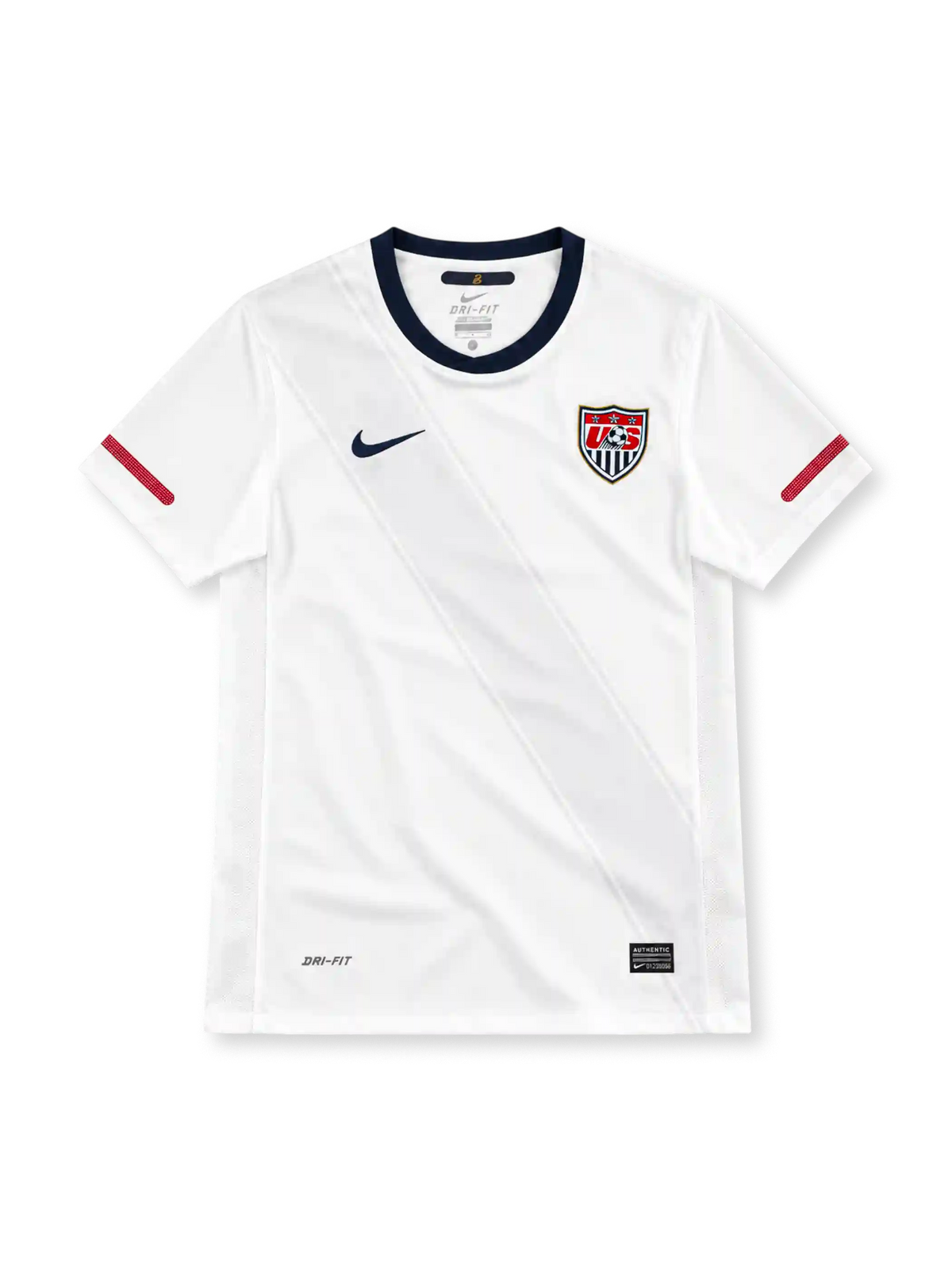 USA 2010 white home jersey with tonal diagonal sash, navy collar, red sleeve stripes and US Soccer crest