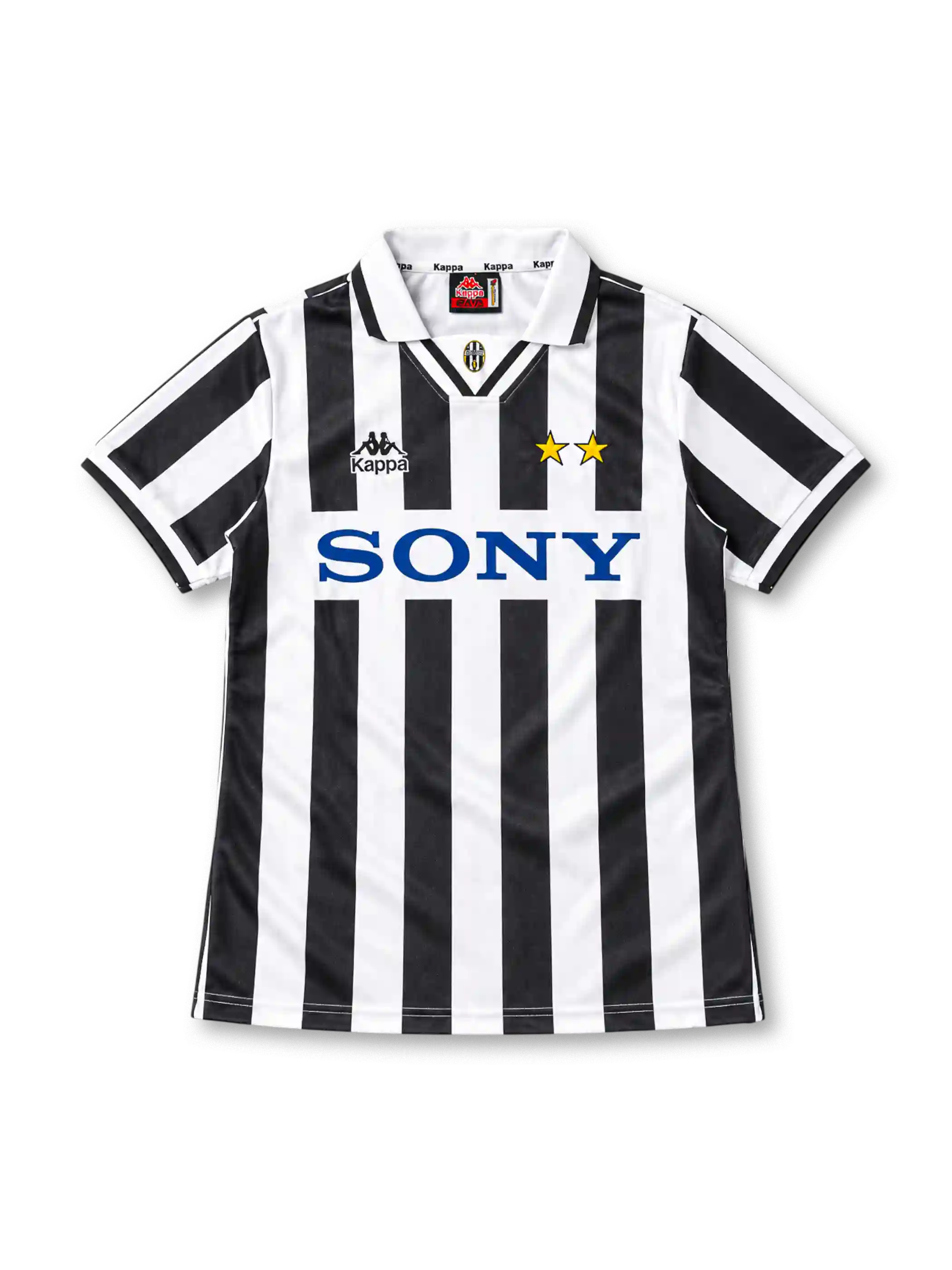 Juventus 1995/97 black and white striped home jersey with white polo collar, Kappa logo, two gold stars and Sony sponsor