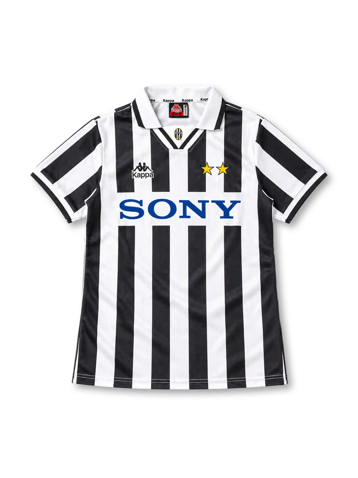 Juventus 1995/97 black and white striped home jersey with white polo collar, Kappa logo, two gold stars and Sony sponsor